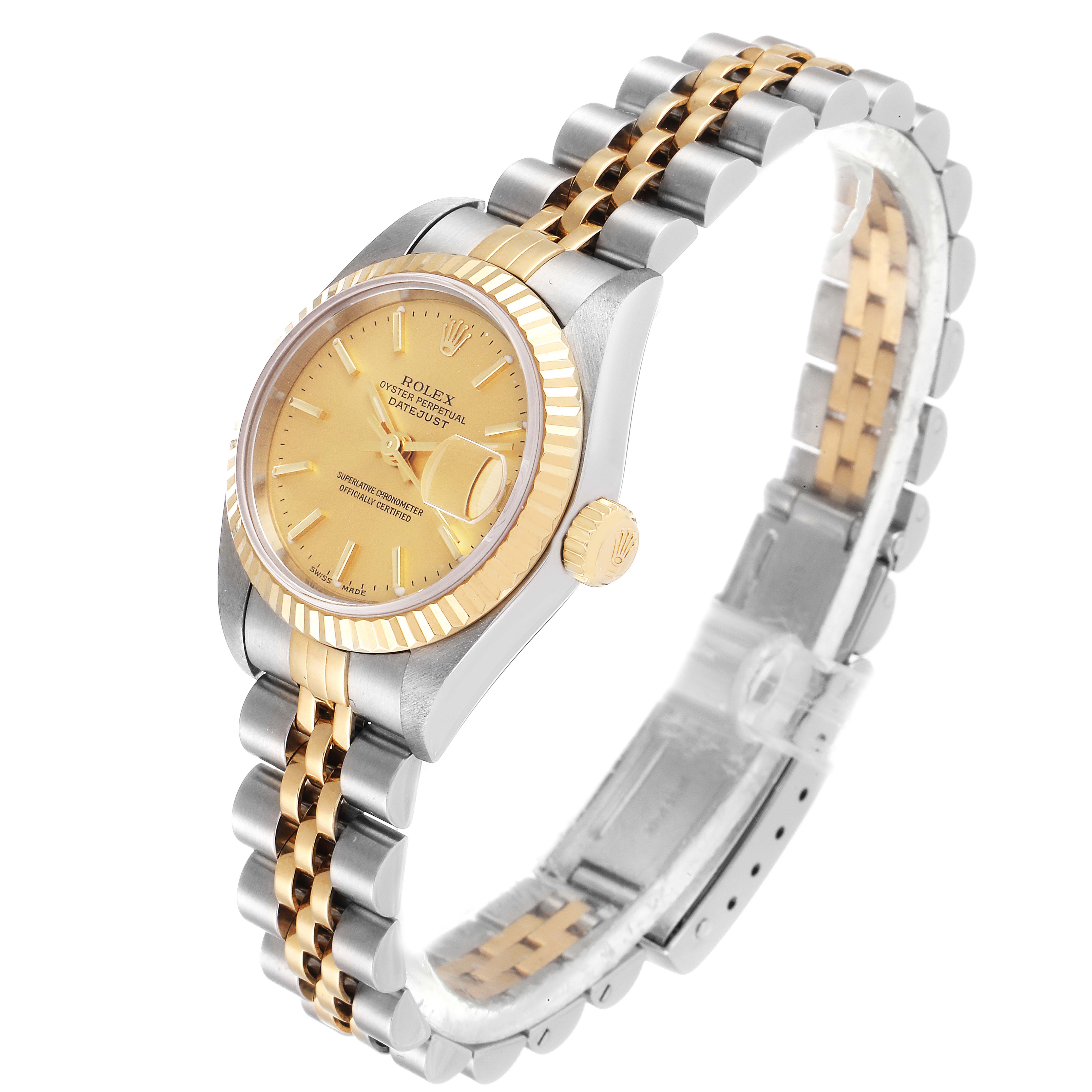 This image shows a Rolex Datejust 79173 Women's Steel and Gold (two tone) Champagne Dial 79173 Women's Steel and Gold (two tone) Champagne Dial watch at a three-quarter angle, highlighting its dial, bezel, crown, and bracelet.