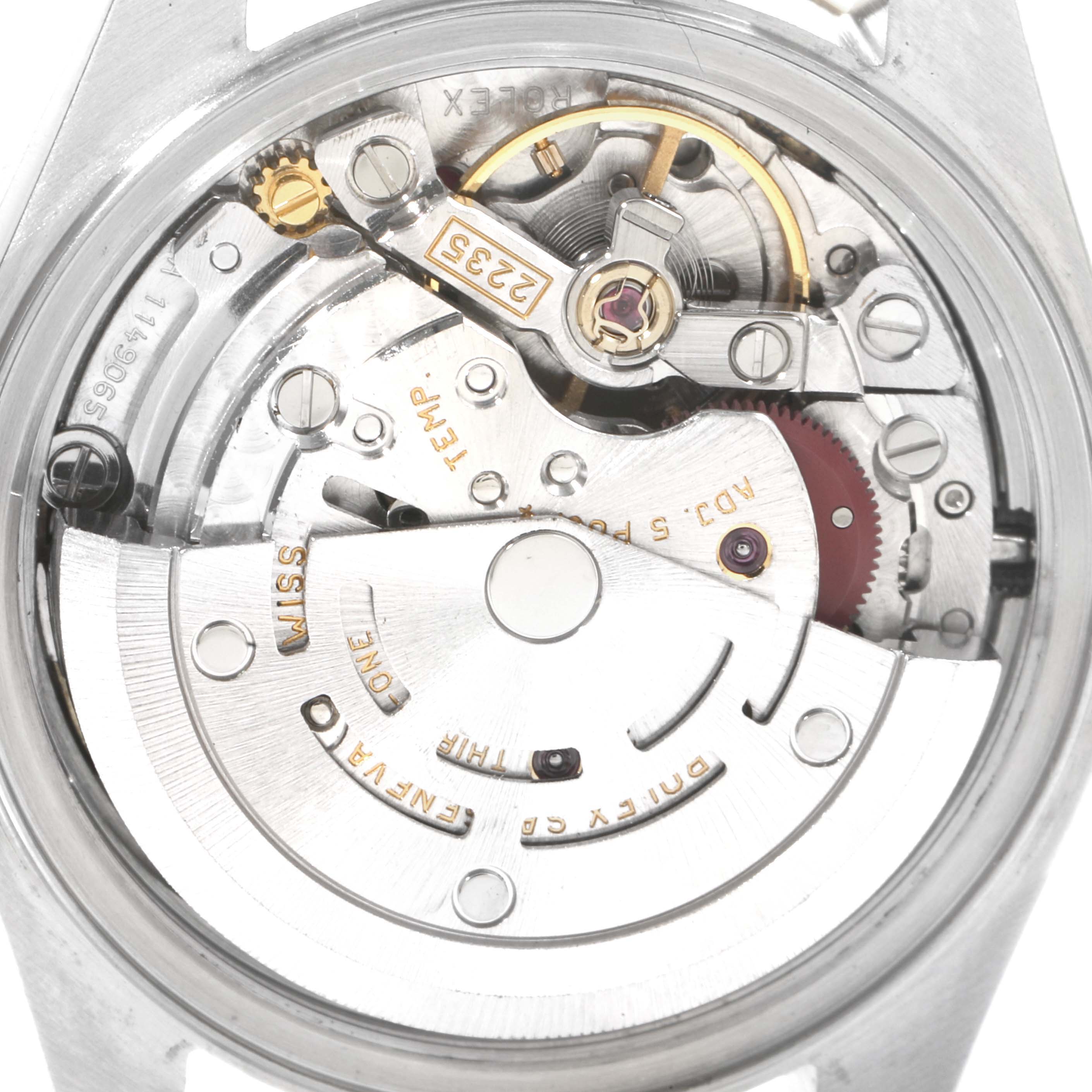 This image shows the internal mechanical movement of a Rolex Datejust 79173 Women's Steel and Gold (two tone) Champagne Dial 79173 Women's Steel and Gold (two tone) Champagne Dial watch from a back view.