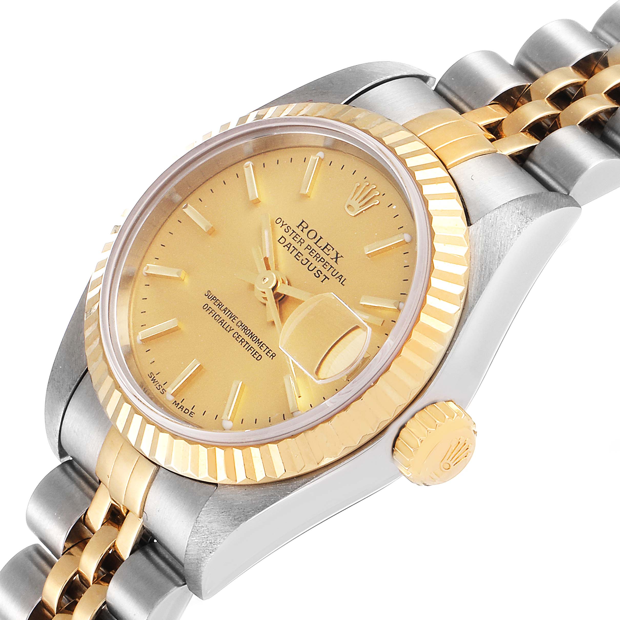 The image shows a close-up side angle of the Rolex Datejust 79173 Women's Steel and Gold (two tone) Champagne Dial 79173 Women's Steel and Gold (two tone) Champagne Dial watch, highlighting the dial, crown, and part of the bracelet.
