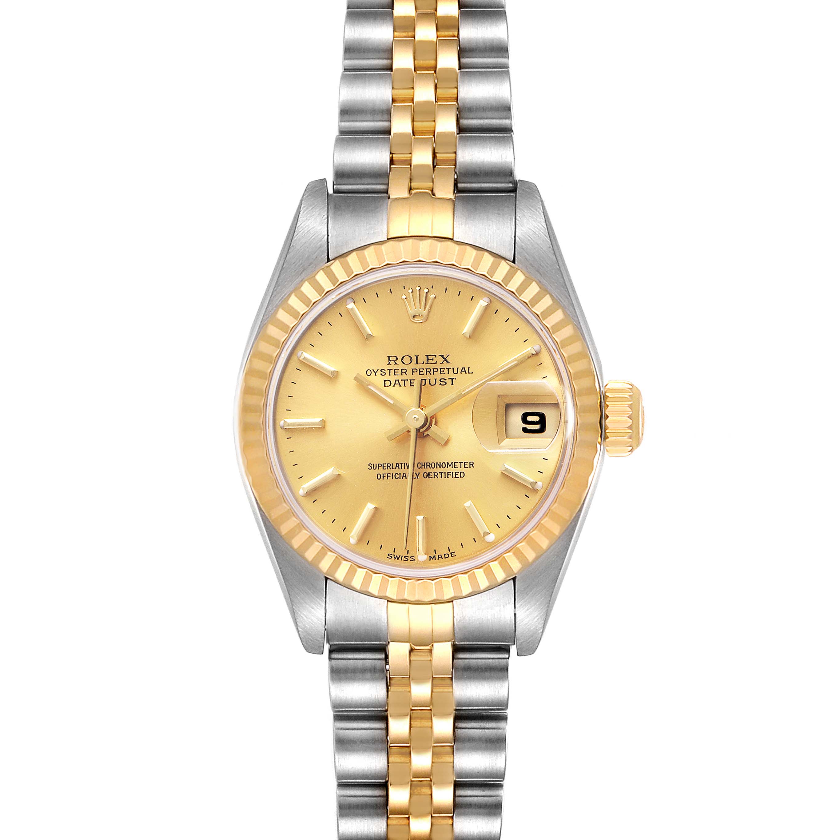 The image shows a front view of a Rolex Datejust 79173 Women's Steel and Gold (two tone) Champagne Dial 79173 Women's Steel and Gold (two tone) Champagne Dial watch, highlighting its face, crown, bezel, and two-tone bracelet.