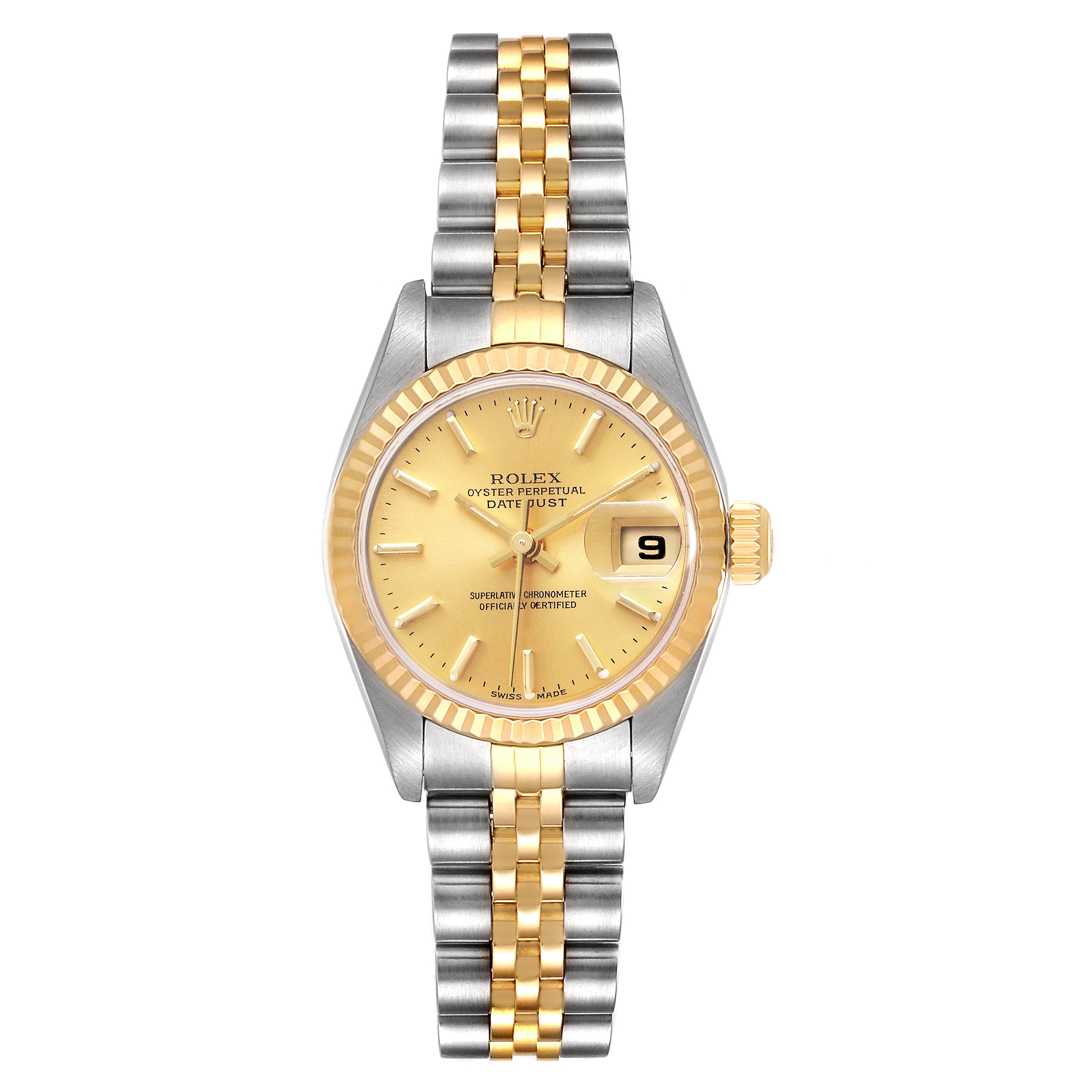 This image shows a frontal view of a Rolex Datejust 79173 Women's Steel and Gold (two tone) Champagne Dial 79173 Women's Steel and Gold (two tone) Champagne Dial watch with a gold dial and a two-tone metal bracelet.