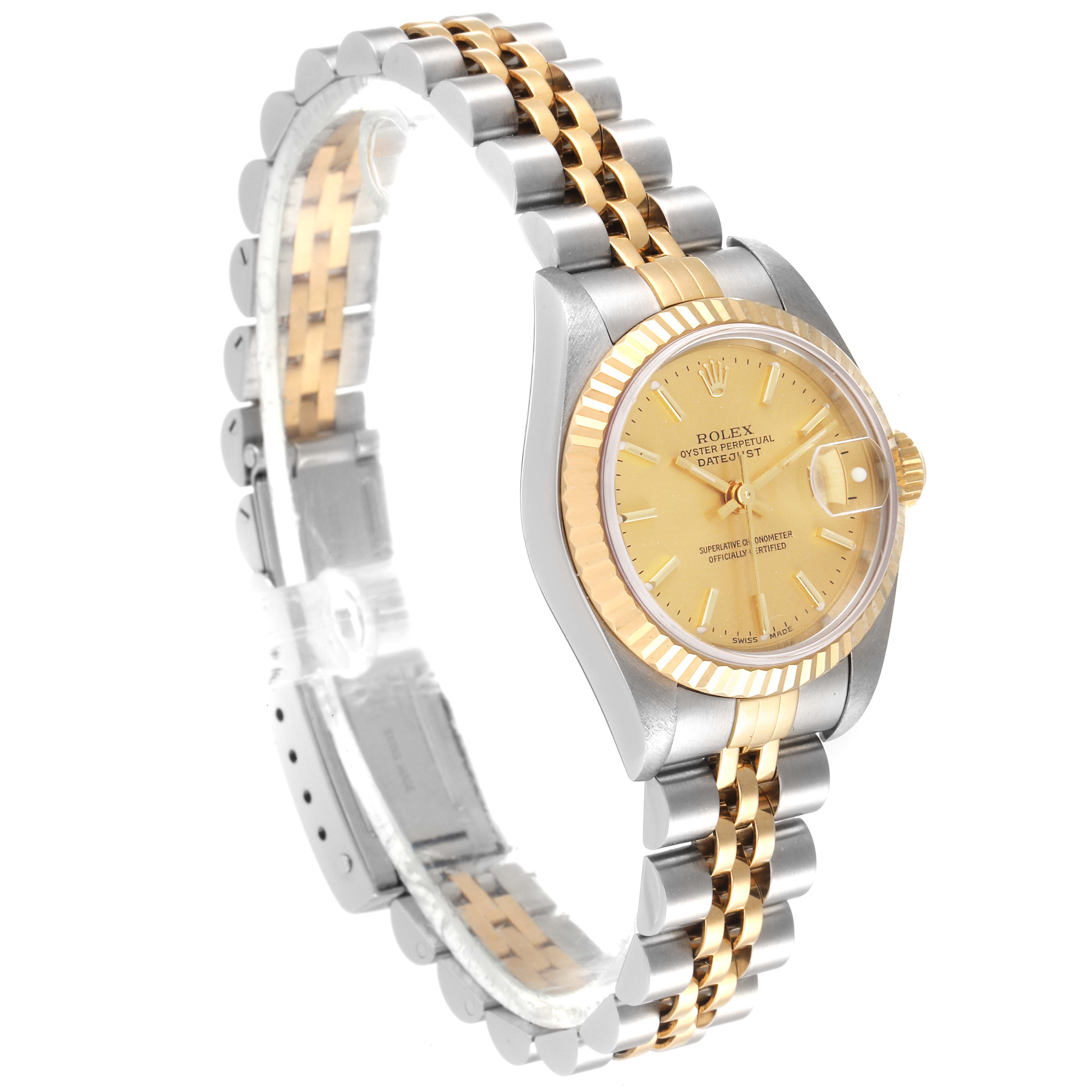 The Rolex Datejust 79173 Women's Steel and Gold (two tone) Champagne Dial 79173 Women's Steel and Gold (two tone) Champagne Dial watch is shown from a front-side angle, displaying its face, case, and two-tone bracelet.