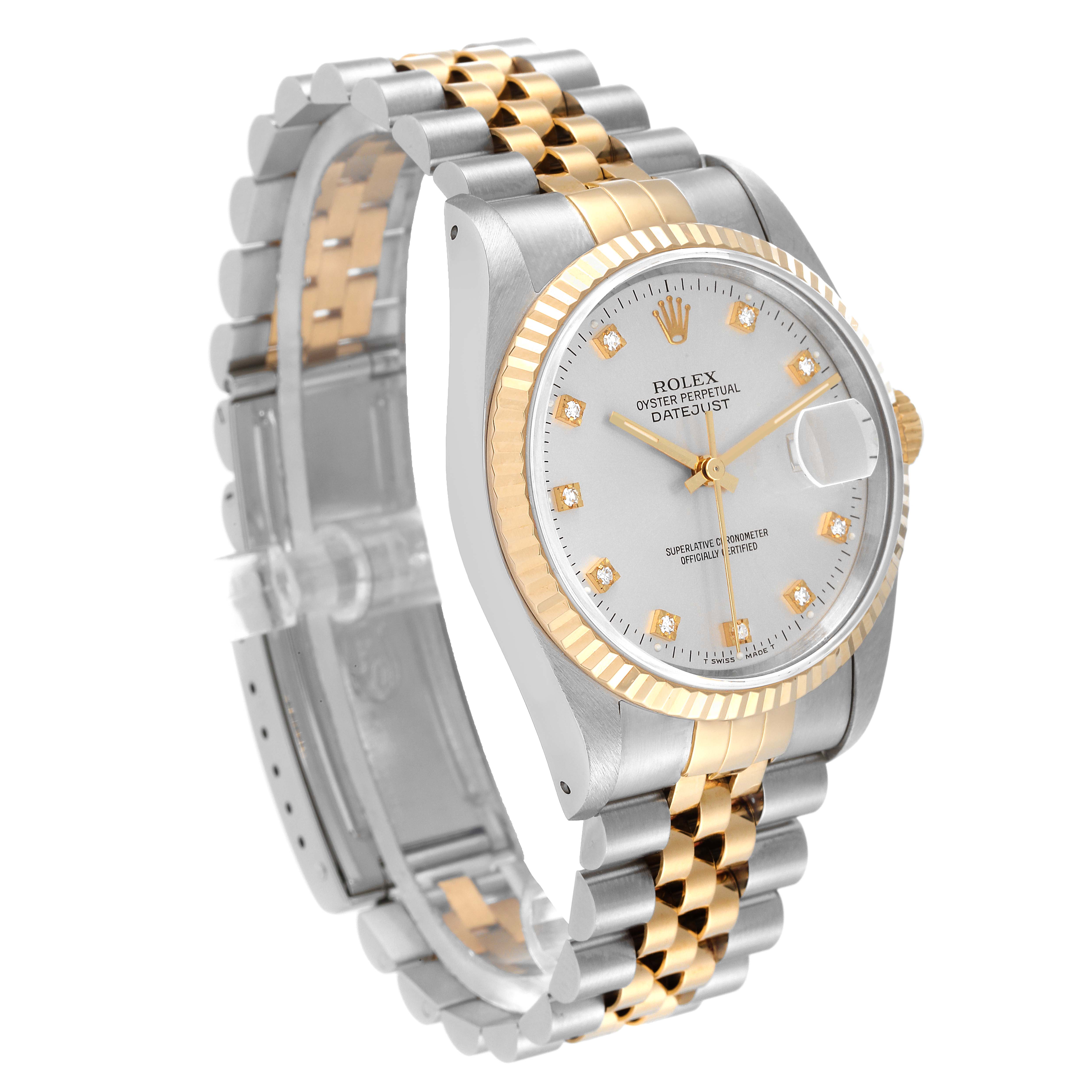 The image shows the Rolex Datejust 16233 Men's Steel and Gold (two tone) Silver Dial 16233 Men's Steel and Gold (two tone) Silver Dial model at an angled view, highlighting its two-tone bracelet and fluted bezel.