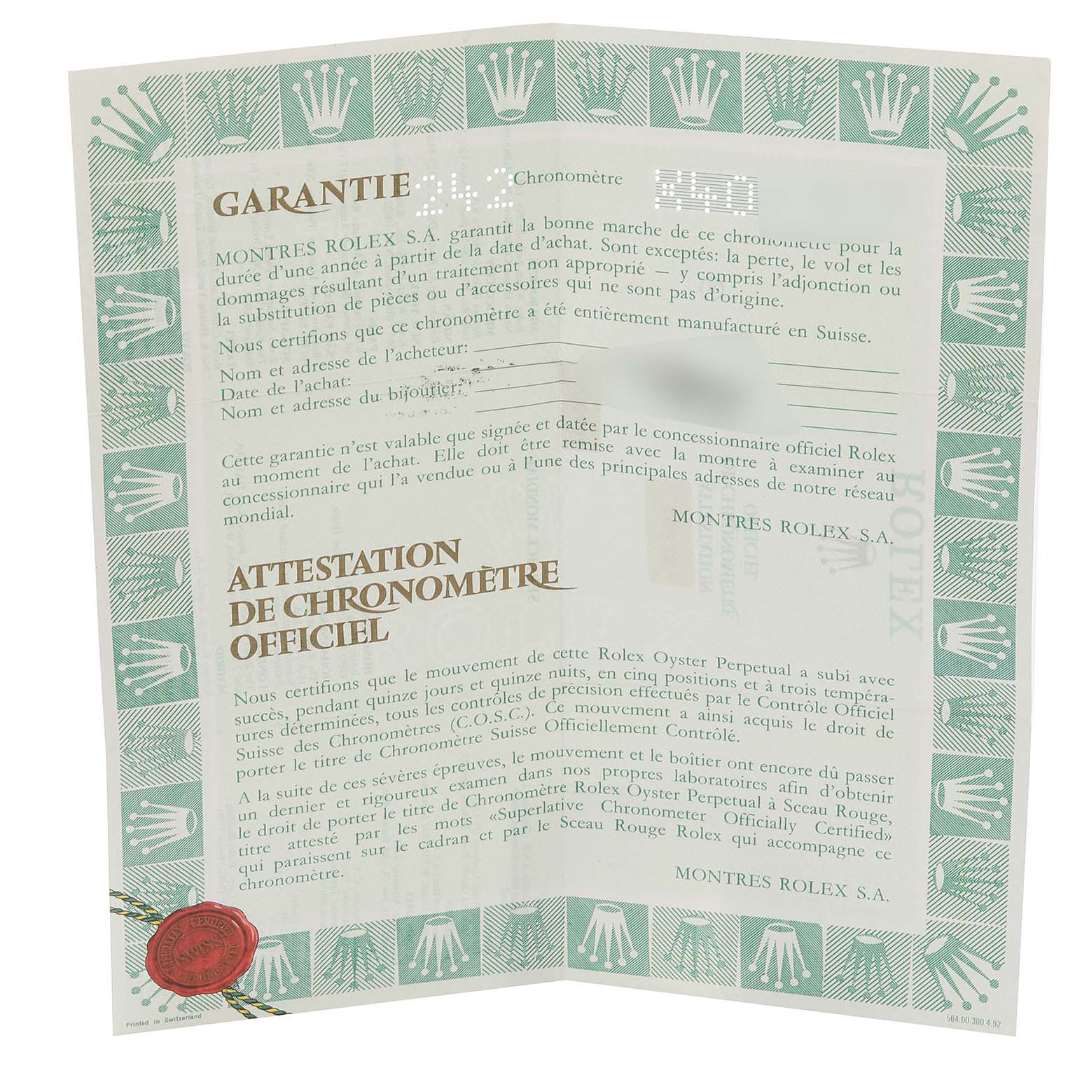 This image shows a warranty certificate for a Rolex Datejust 16233 Men's Steel and Gold (two tone) Silver Dial 16233 Men's Steel and Gold (two tone) Silver Dial watch, featuring brand identification and official attestation details.