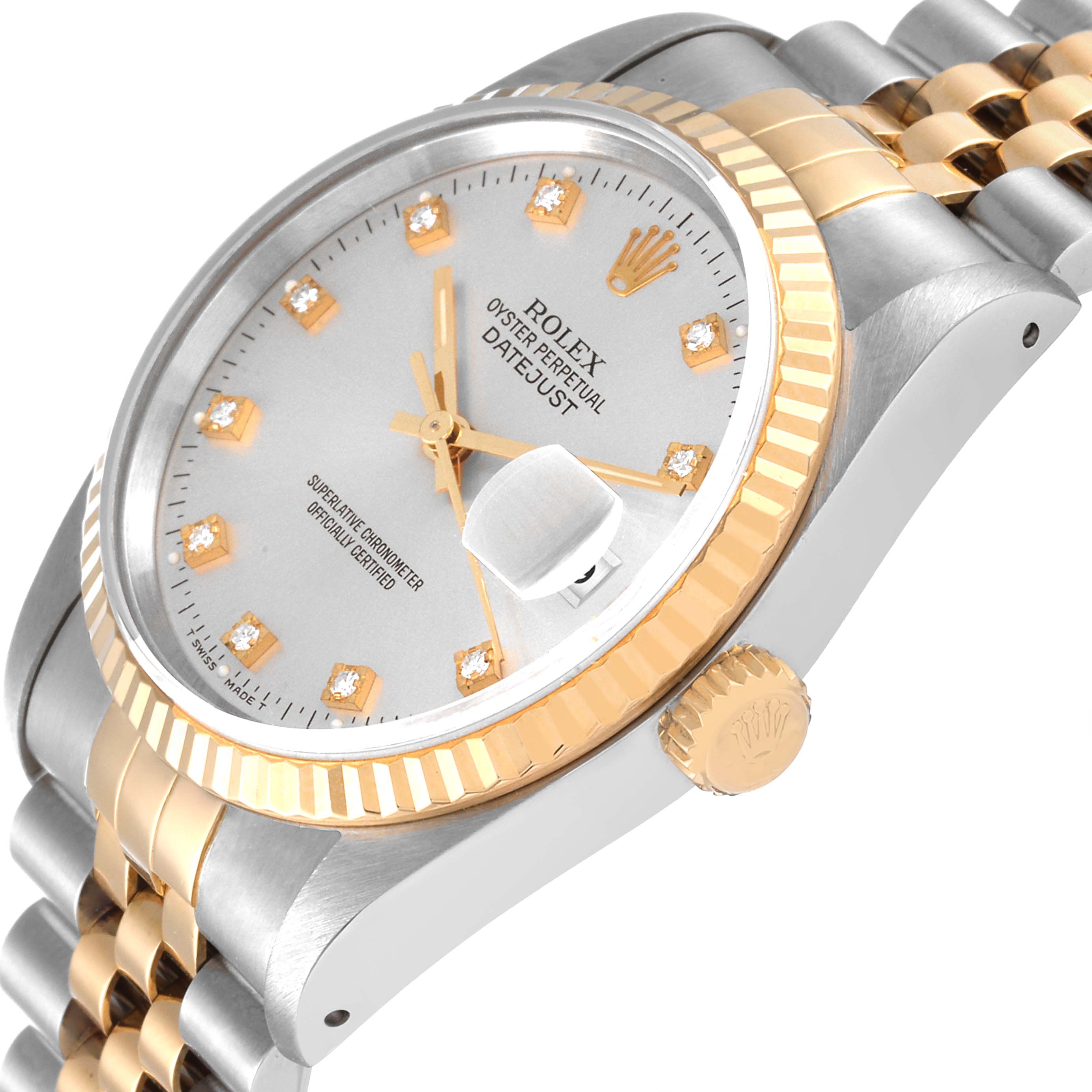 The image shows a side and top view of a Rolex Datejust 16233 Men's Steel and Gold (two tone) Silver Dial 16233 Men's Steel and Gold (two tone) Silver Dial watch, highlighting its bezel, dial, crown, and partially its bracelet.