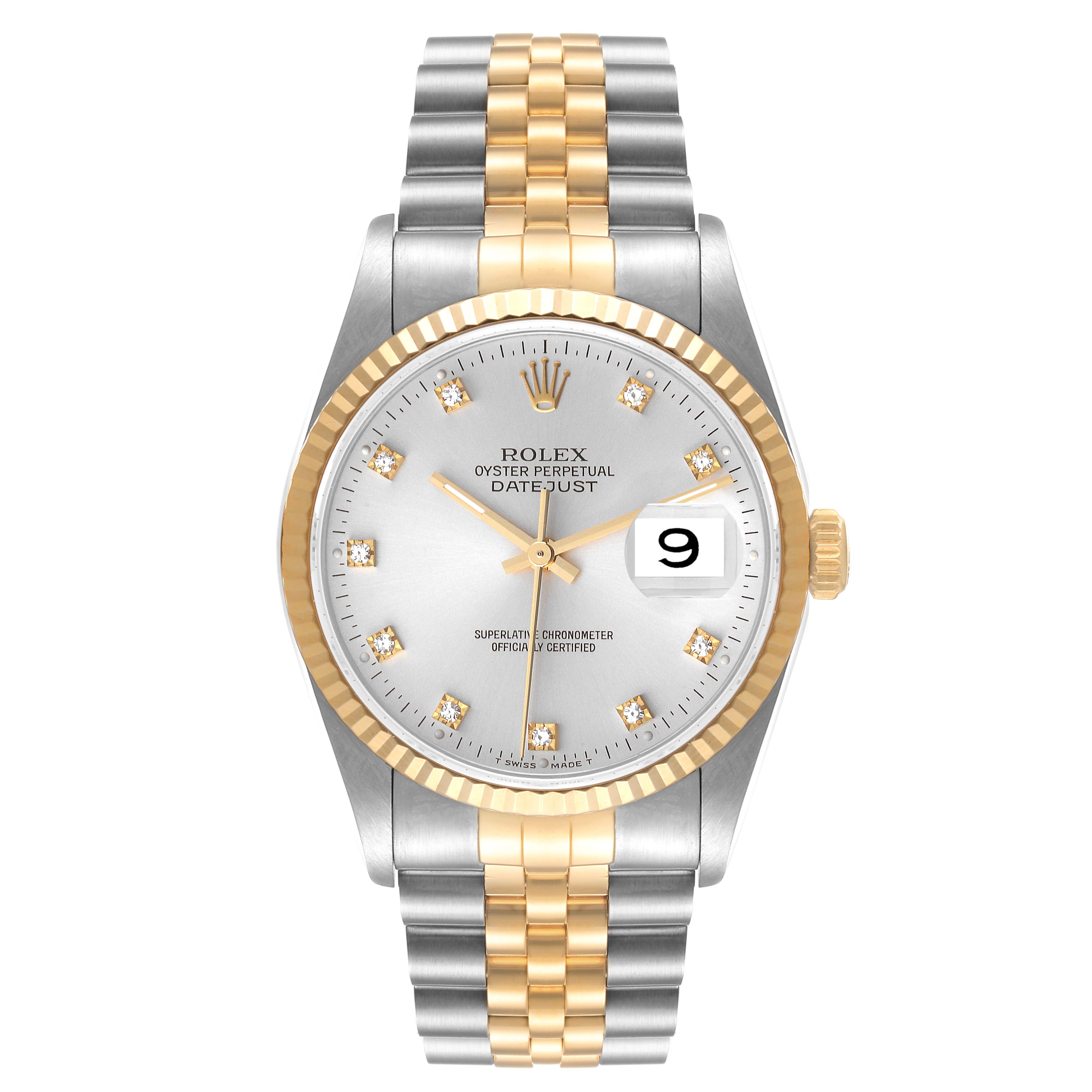 The Rolex Datejust 16233 Men's Steel and Gold (two tone) Silver Dial 16233 Men's Steel and Gold (two tone) Silver Dial watch is shown from a front angle, displaying the dial, bezel, crown, and two-tone bracelet.