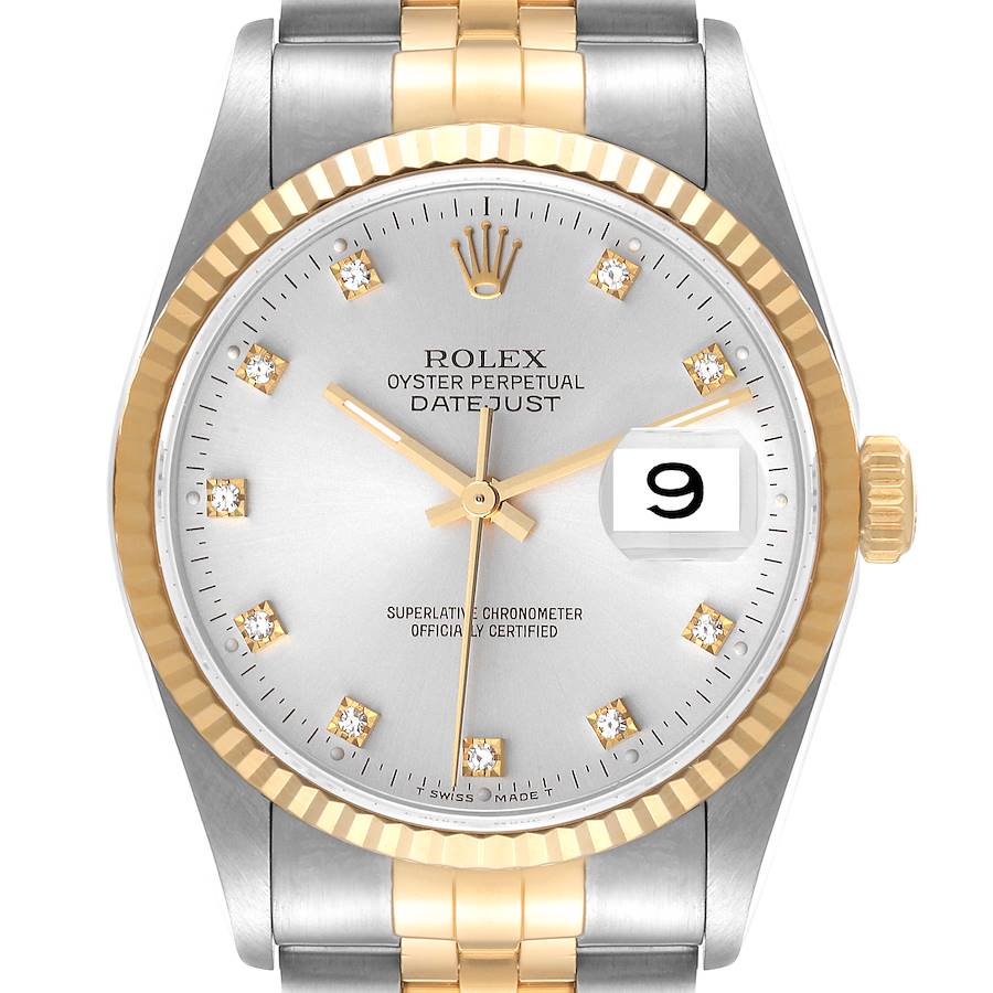 Rolex Datejust Steel Yellow Gold Silver Diamond Dial Mens Watch 16233 Box Papers SwissWatchExpo