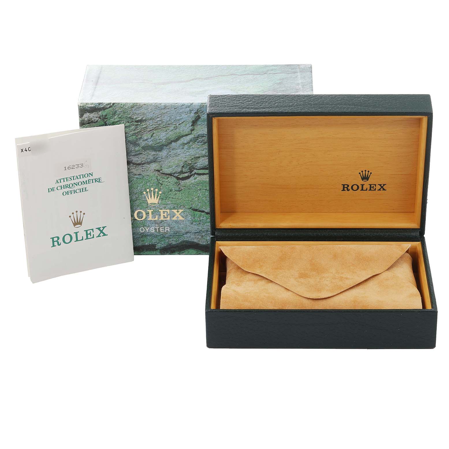 The image shows the packaging and accessories for a Rolex Datejust 16233 Men's Steel and Gold (two tone) Silver Dial 16233 Men's Steel and Gold (two tone) Silver Dial, featuring the box, booklet, and inner watch cushion.