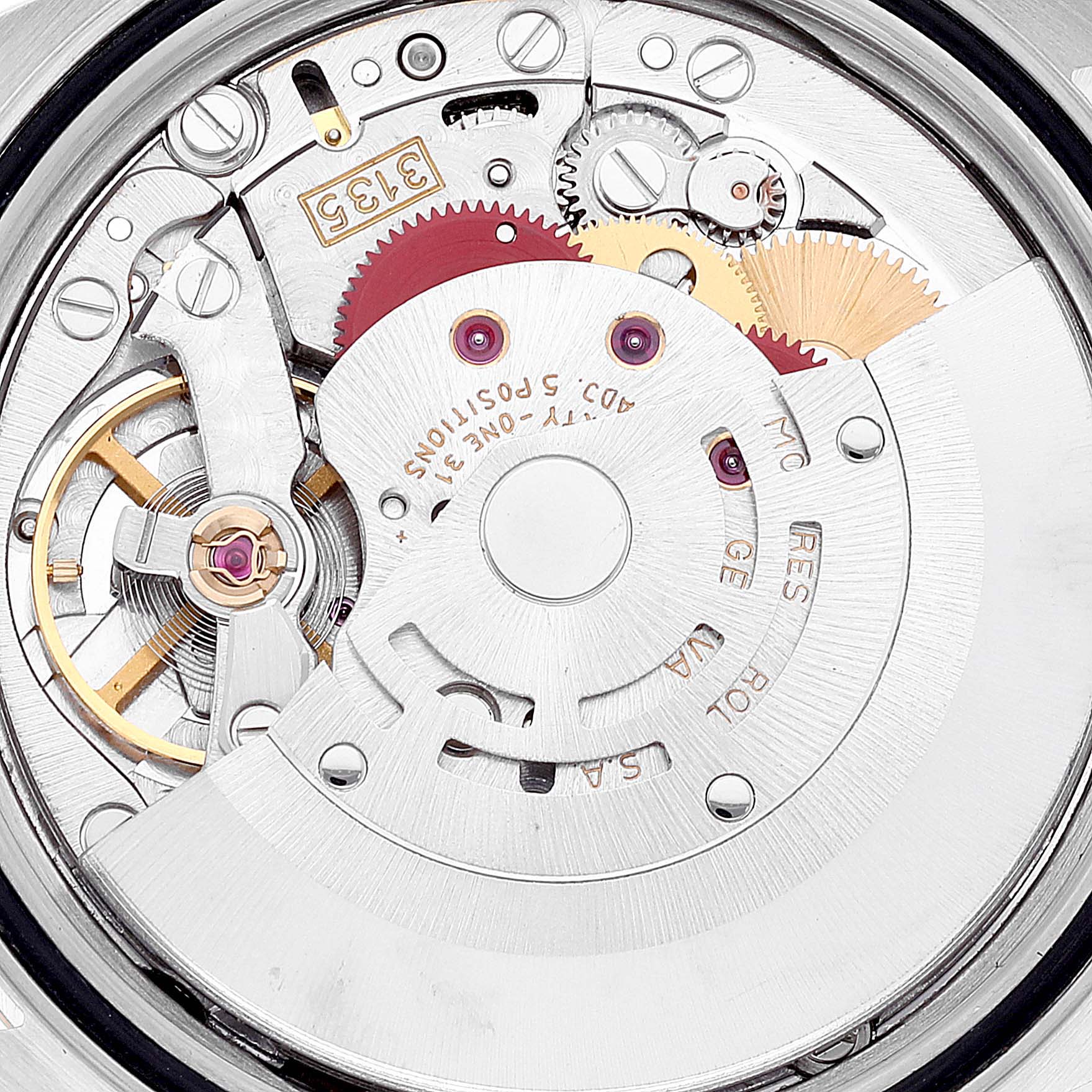 This image shows the inner movement mechanism of the Rolex Datejust 16233 Men's Steel and Gold (two tone) Silver Dial 16233 Men's Steel and Gold (two tone) Silver Dial, highlighting gears, springs, and other components from a macro angle.