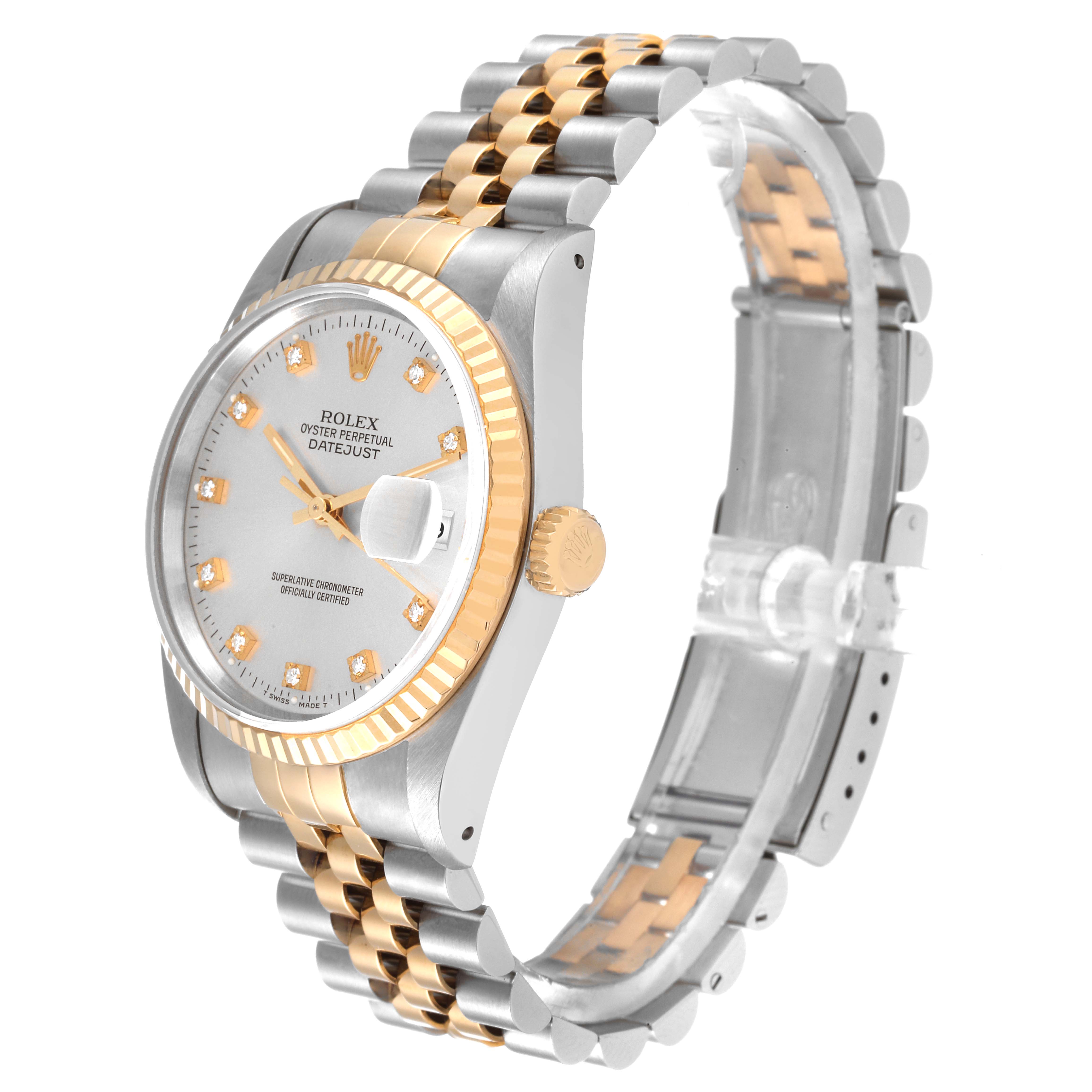 The image shows a Rolex Datejust 16233 Men's Steel and Gold (two tone) Silver Dial 16233 Men's Steel and Gold (two tone) Silver Dial watch at a slight angle, highlighting the dial, fluted bezel, and two-tone bracelet.