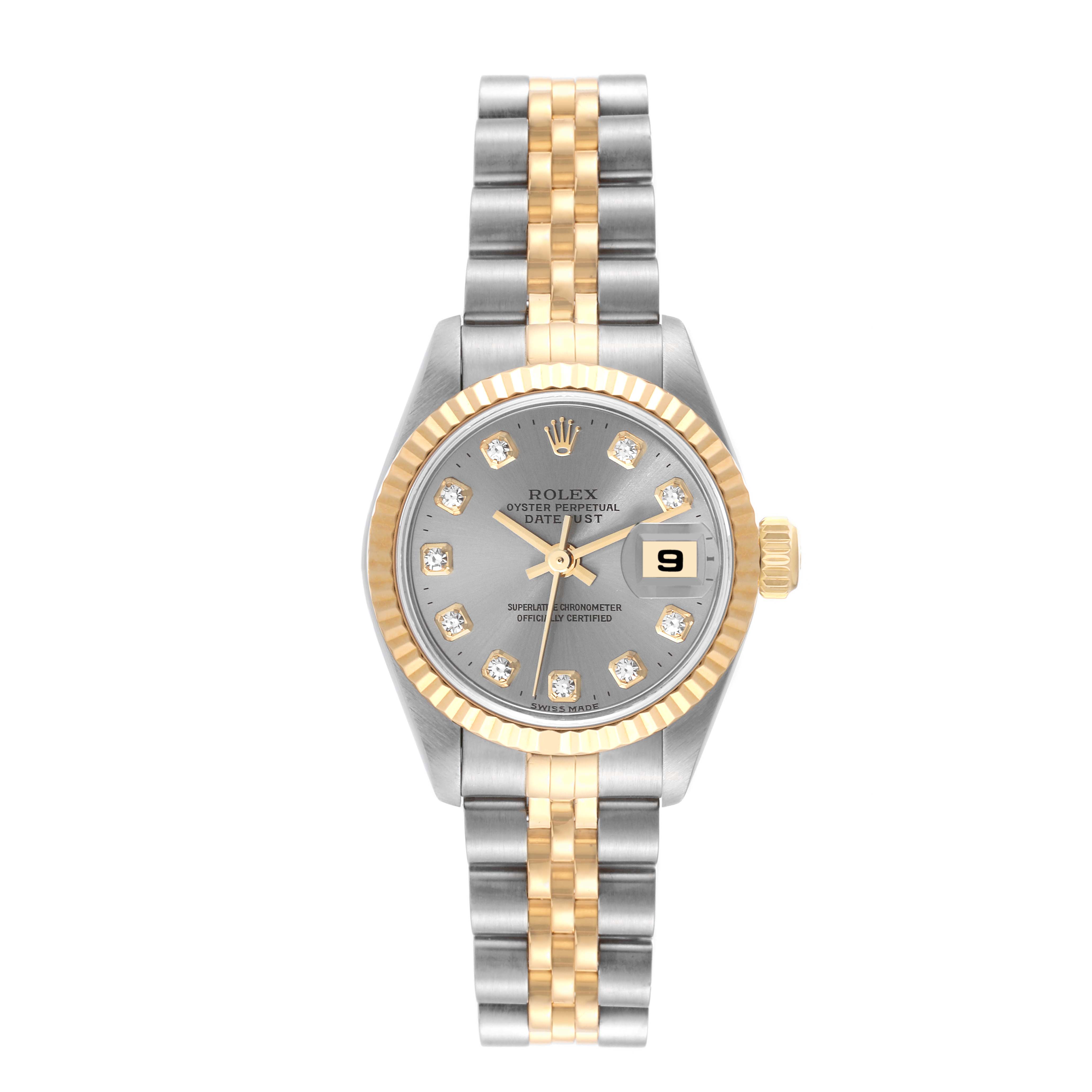 This Rolex Datejust 79173G Women's Steel and Gold (two tone) Grey Dial 79173G Women's Steel and Gold (two tone) Grey Dial model is shown from a front angle, displaying its dial, bezel, crown, and bracelet.