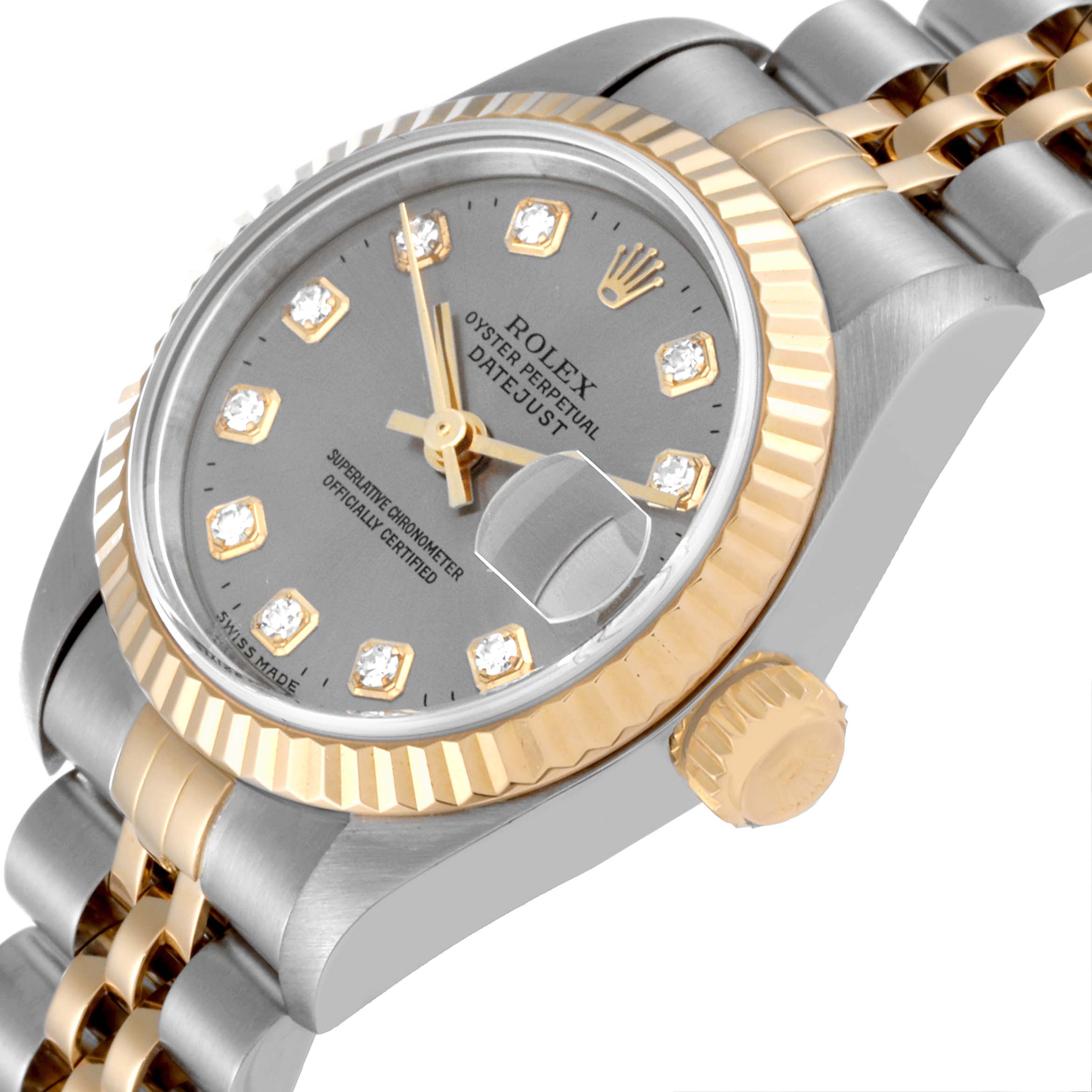The image shows a Rolex Datejust 79173G Women's Steel and Gold (two tone) Grey Dial 79173G Women's Steel and Gold (two tone) Grey Dial watch angled from the front-left, highlighting the dial, bezel, crown, and part of the bracelet.
