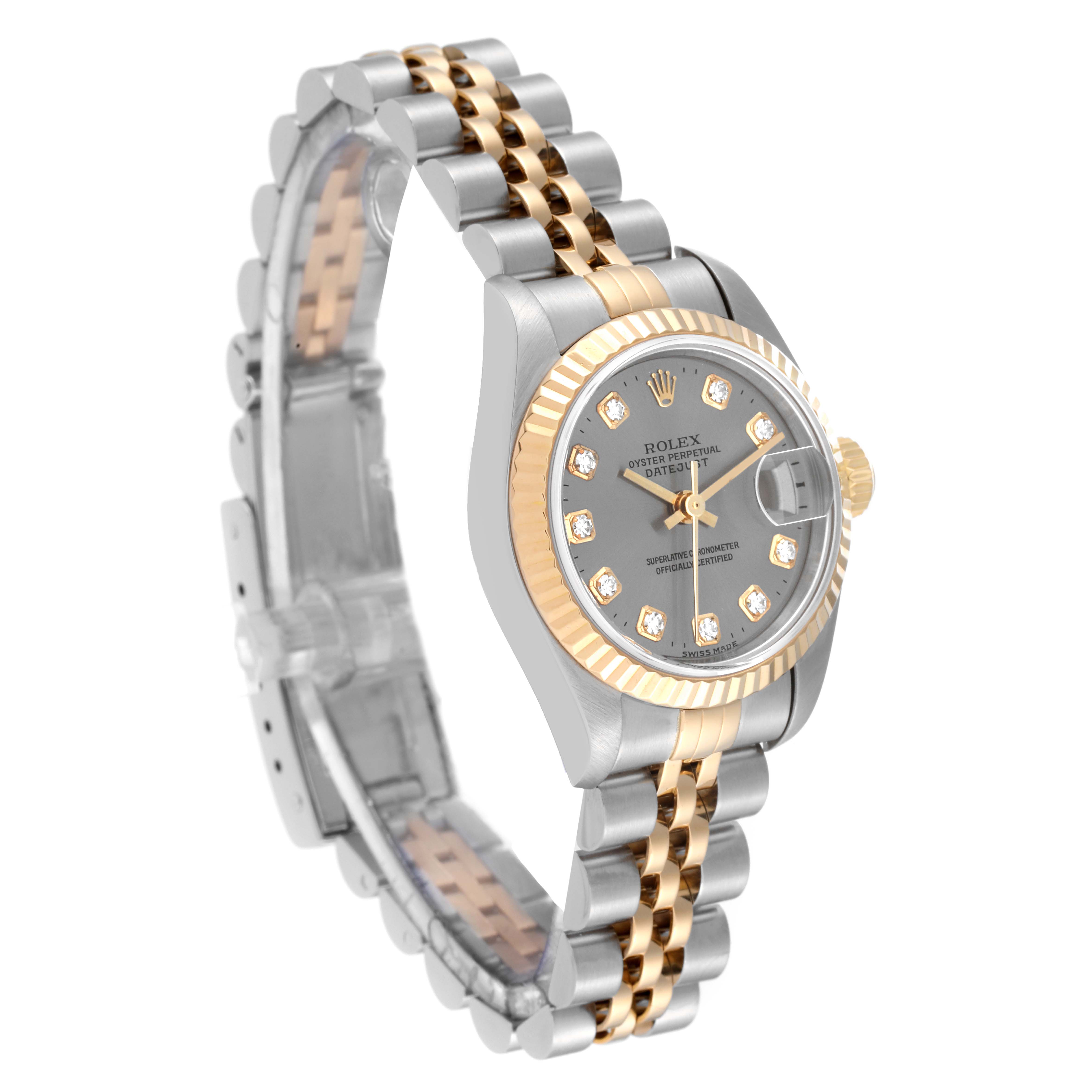 The image shows a frontal view of a Rolex Datejust 79173G Women's Steel and Gold (two tone) Grey Dial 79173G Women's Steel and Gold (two tone) Grey Dial watch, highlighting its bezel, dial, and Jubilee bracelet.