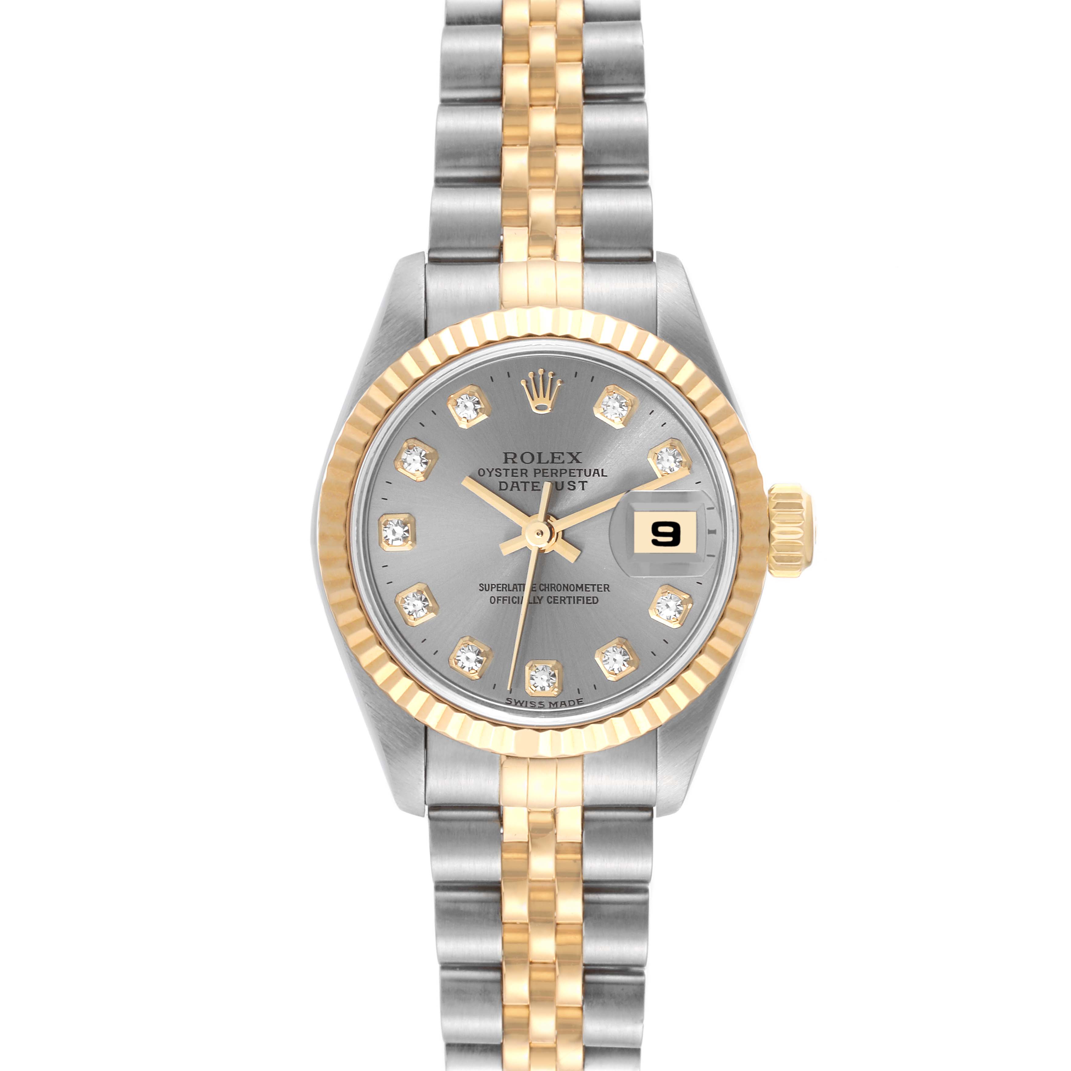 This image shows a Rolex Datejust 79173G Women's Steel and Gold (two tone) Grey Dial 79173G Women's Steel and Gold (two tone) Grey Dial watch from a top-down angle, highlighting its dial, bezel, and two-tone bracelet.