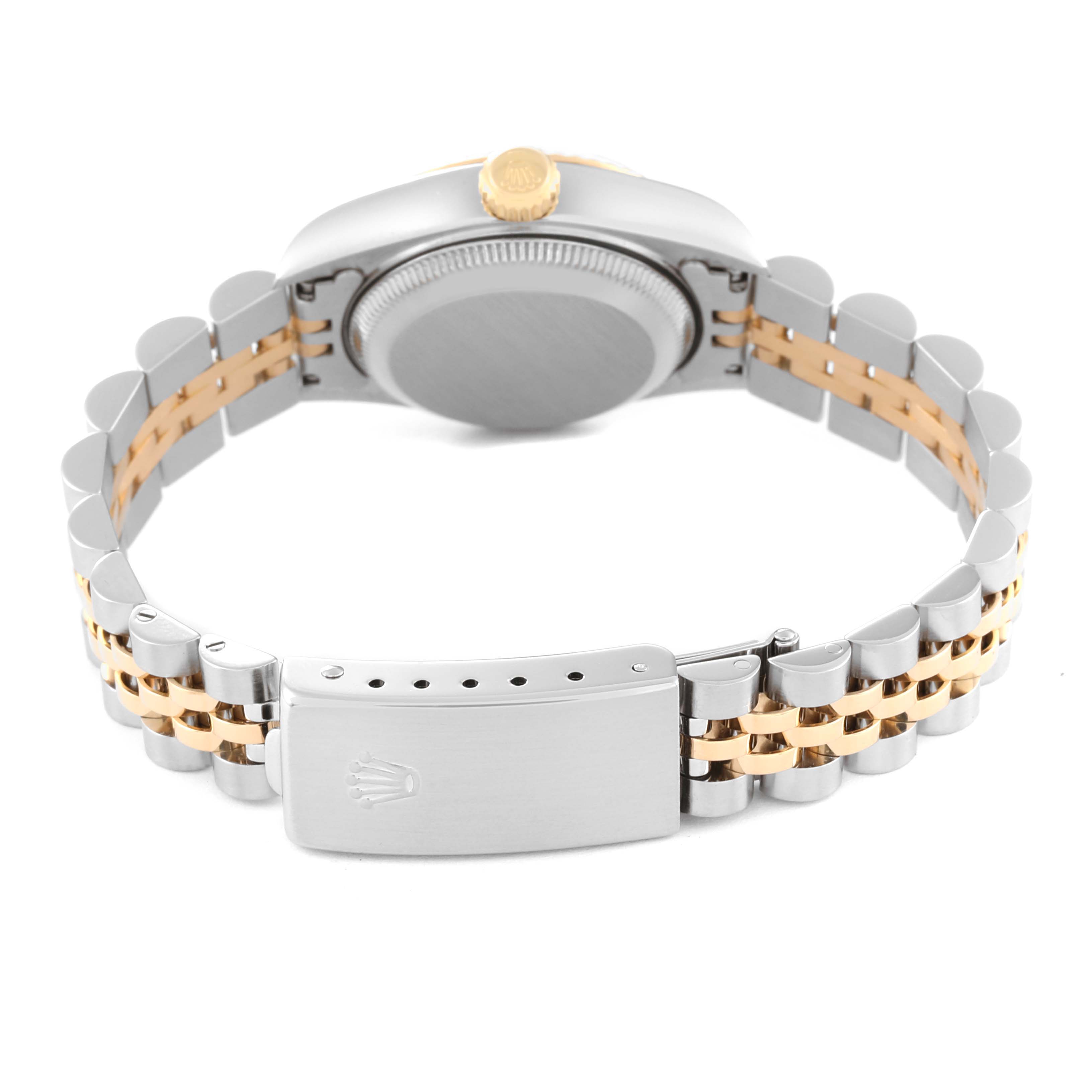 The image shows the back and bracelet of a Rolex Datejust 79173G Women's Steel and Gold (two tone) Grey Dial 79173G Women's Steel and Gold (two tone) Grey Dial watch, highlighting its two-tone metal links and clasp.