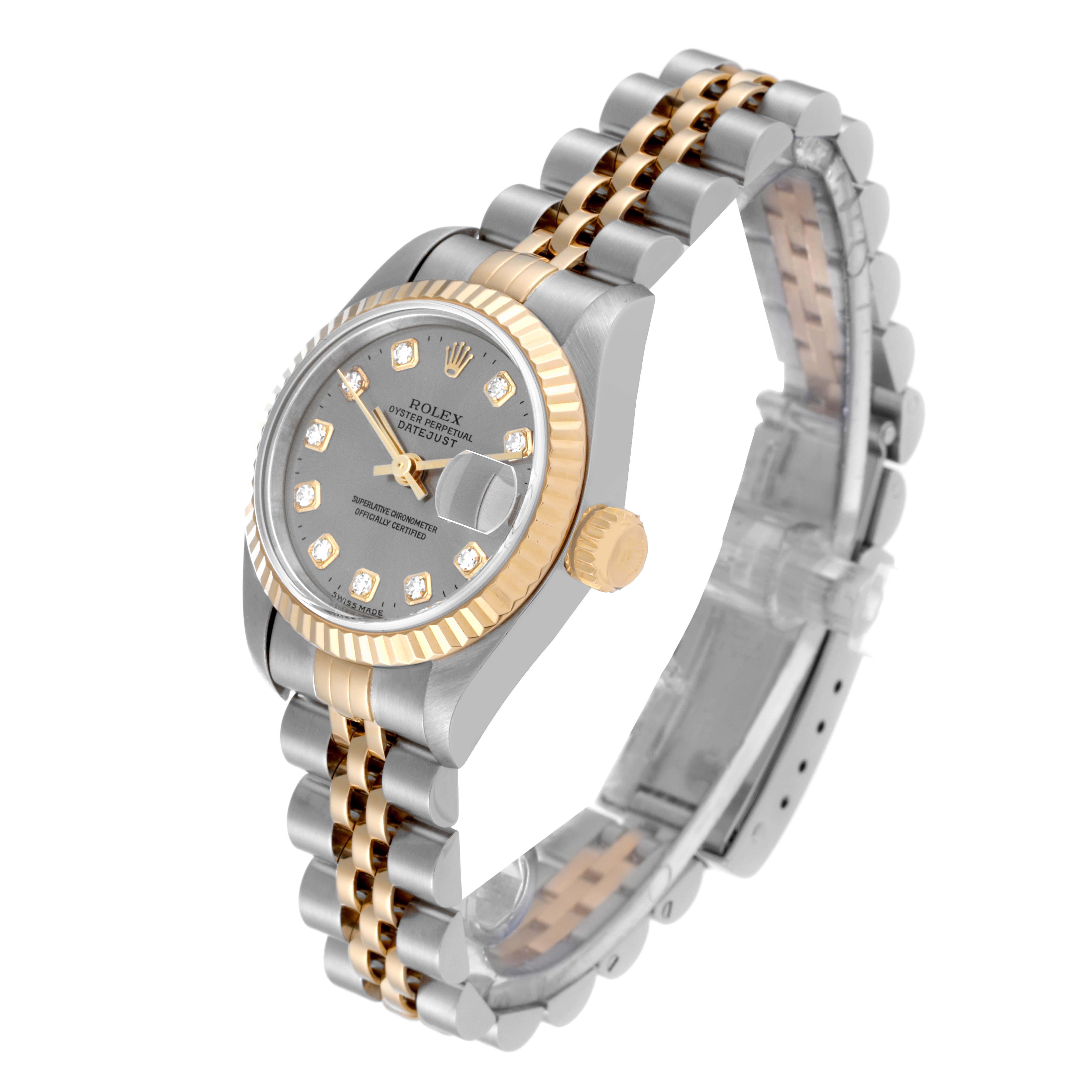 The Rolex Datejust 79173G Women's Steel and Gold (two tone) Grey Dial 79173G Women's Steel and Gold (two tone) Grey Dial watch is shown at an angle that highlights the face, bezel, crown, and the two-tone Jubilee bracelet.