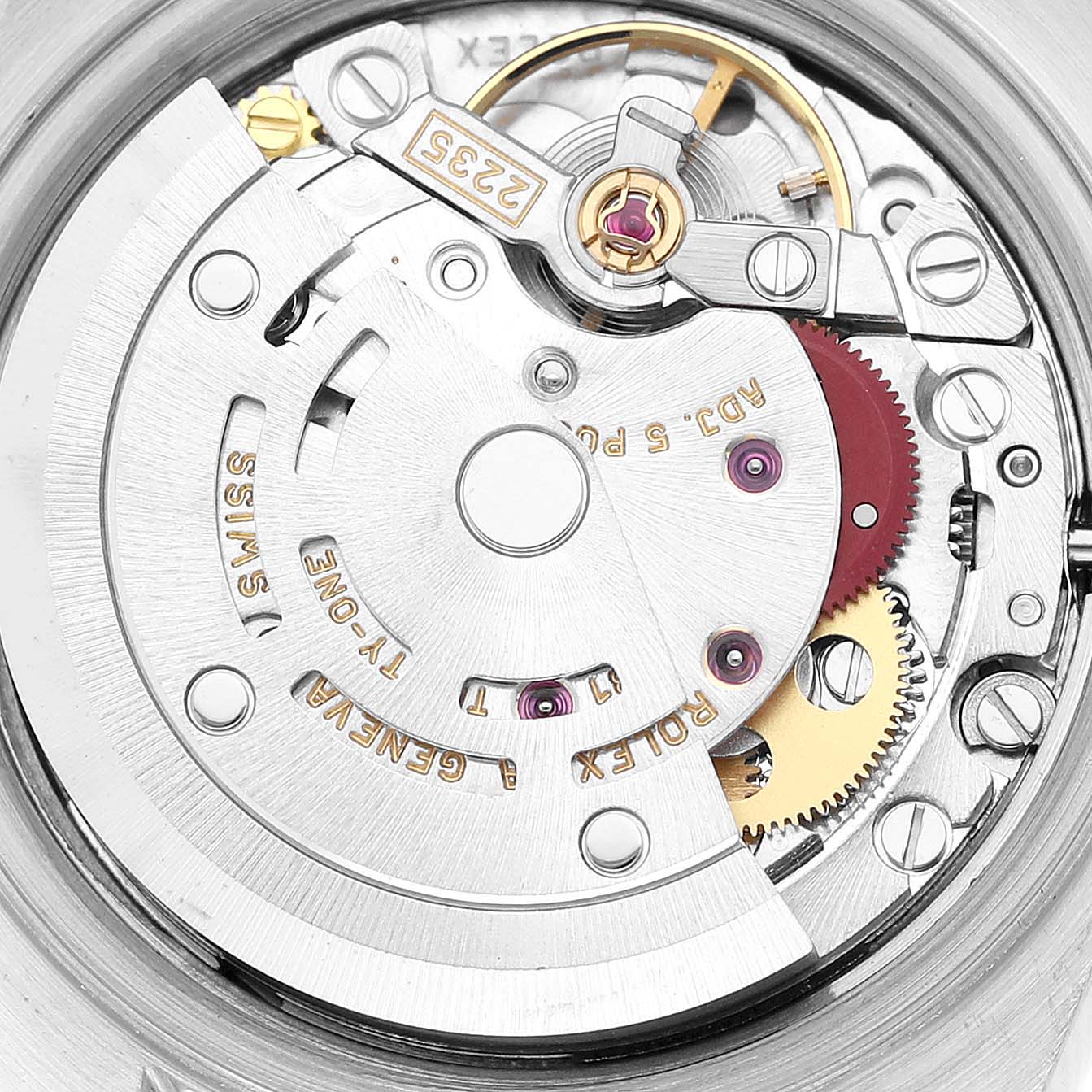 This is a close-up view of the internal movement mechanism of the Rolex Datejust 79173G Women's Steel and Gold (two tone) Grey Dial 79173G Women's Steel and Gold (two tone) Grey Dial model.