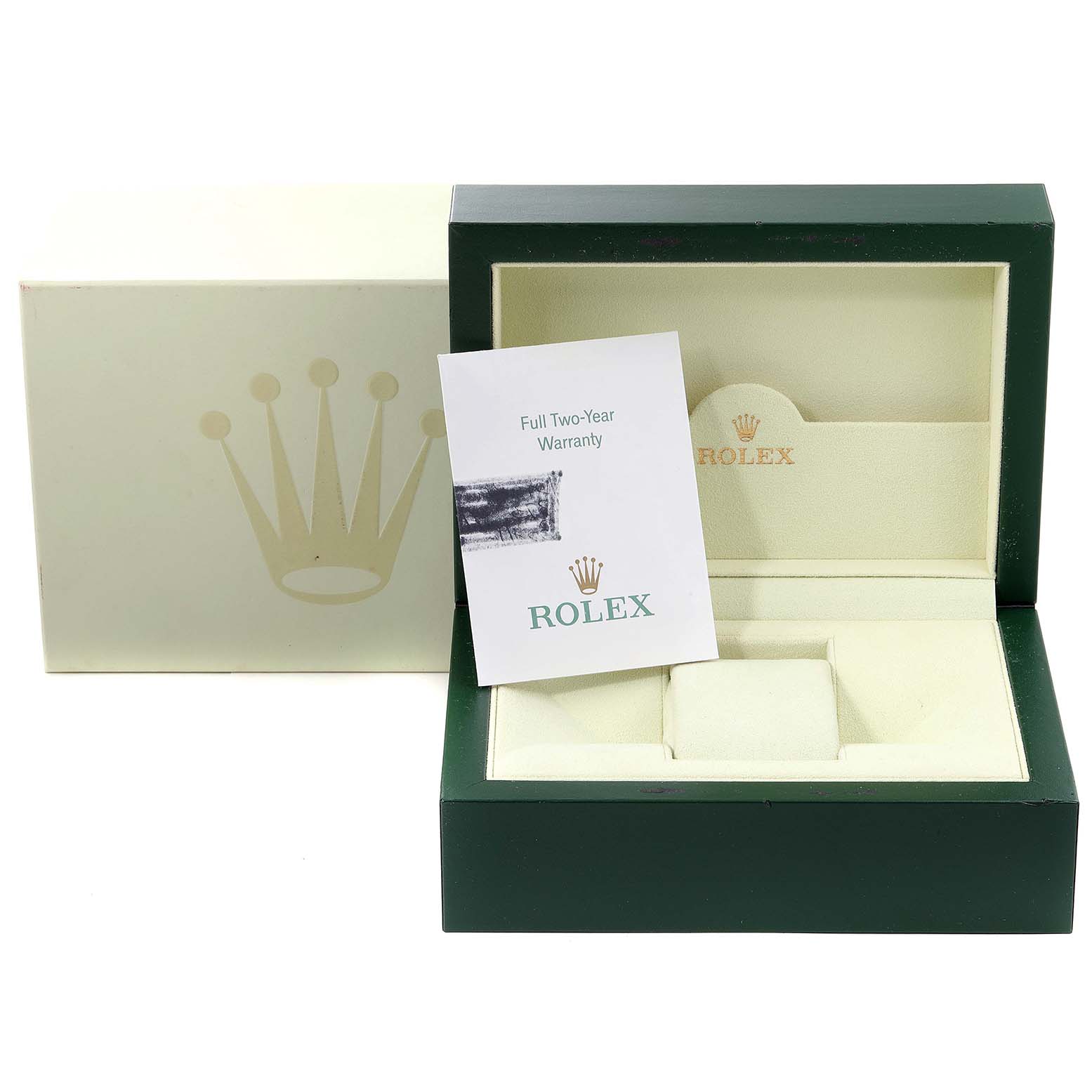 The image shows a Rolex Turn-o-Graph 116264 Men
s Stainless Steel Black Dial 116264 Men
s Stainless Steel Black Dial watch box and warranty card, with an open green and beige interior.