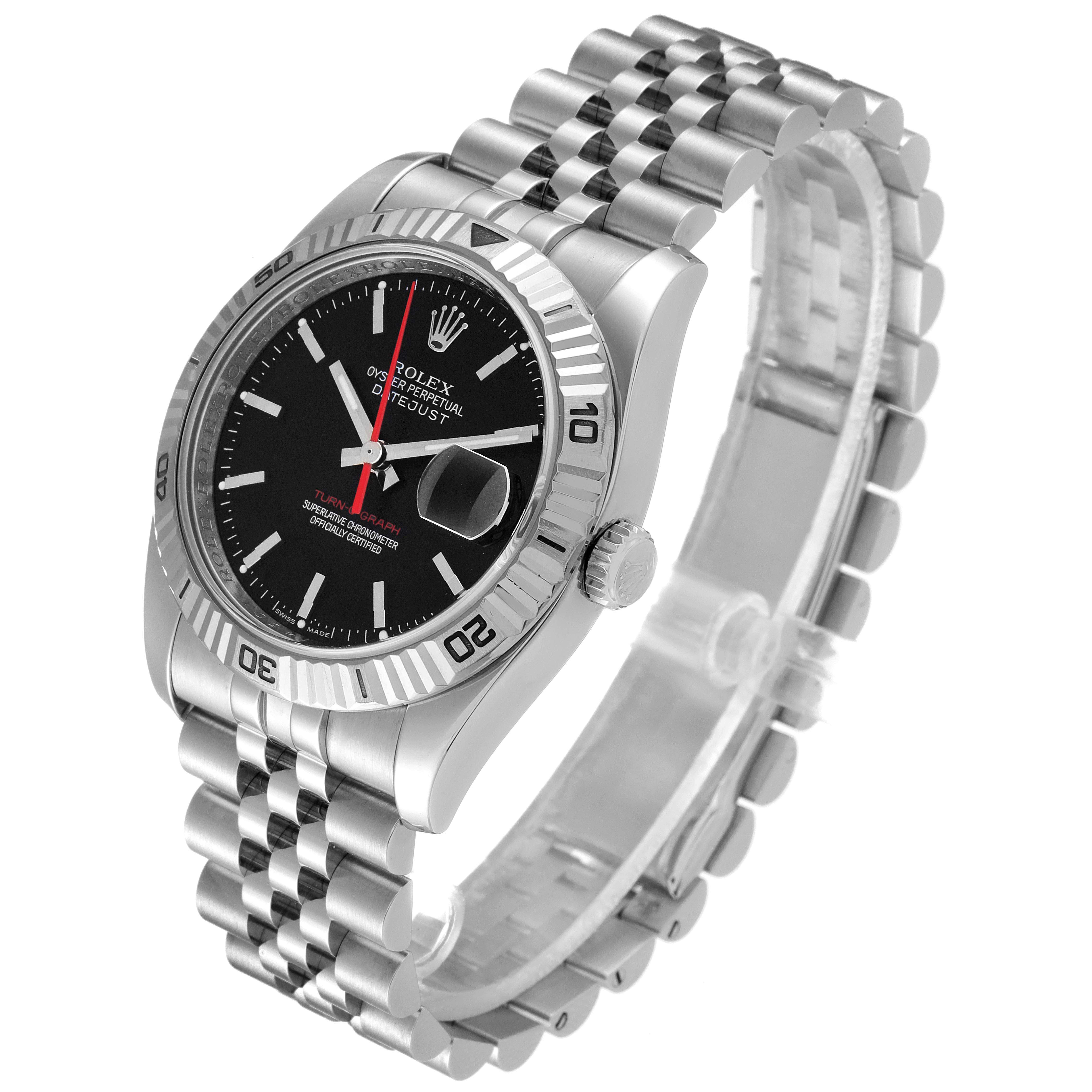 The image shows a Rolex Turn-o-Graph 116264 Men
s Stainless Steel Black Dial 116264 Men
s Stainless Steel Black Dial watch at an angled view, showcasing its face, bezel, crown, and bracelet.