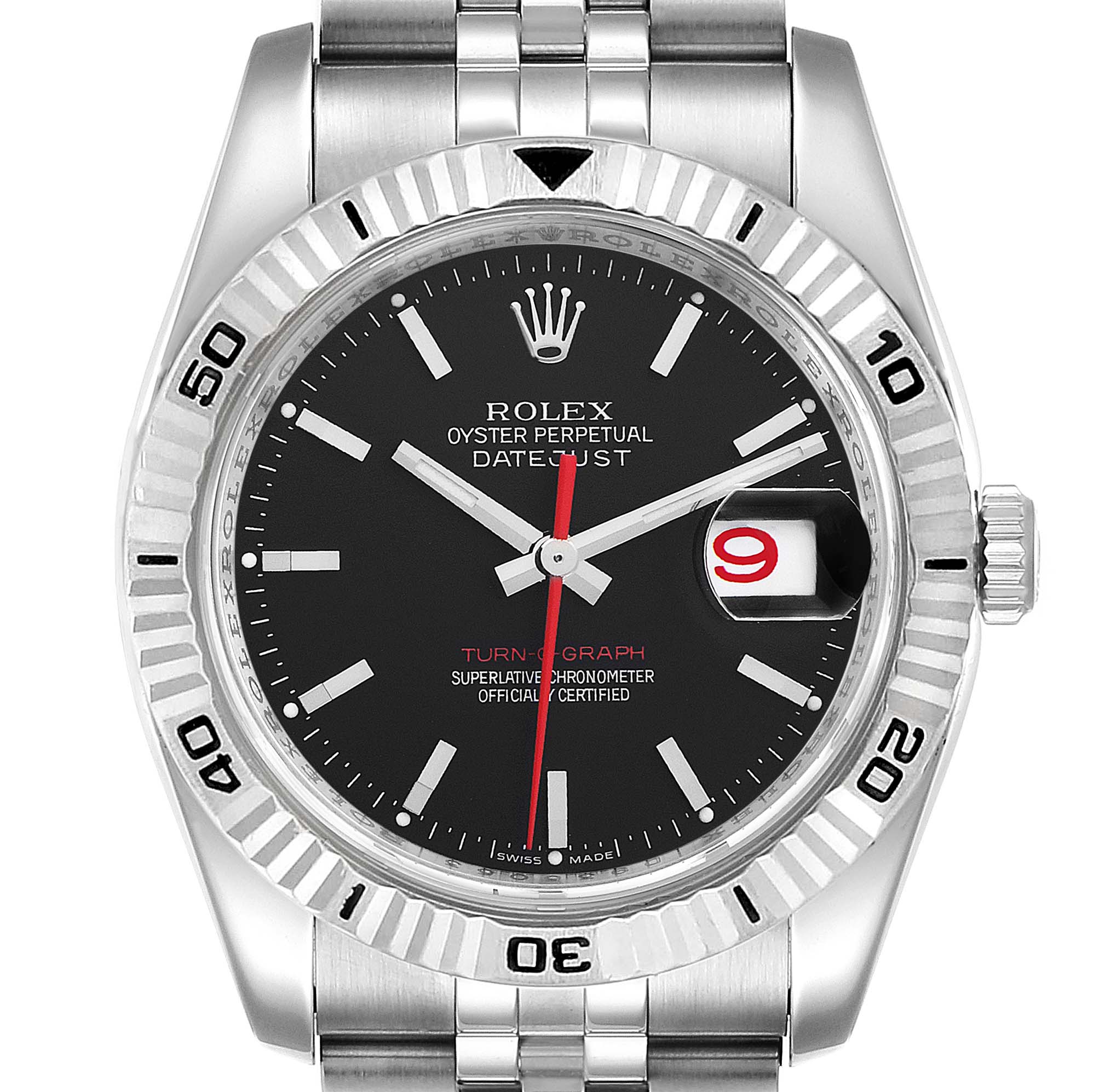 The image shows a front view of a Rolex Turn-o-Graph 116264 Men
s Stainless Steel Black Dial 116264 Men
s Stainless Steel Black Dial watch, highlighting its dial, bezel, and bracelet.