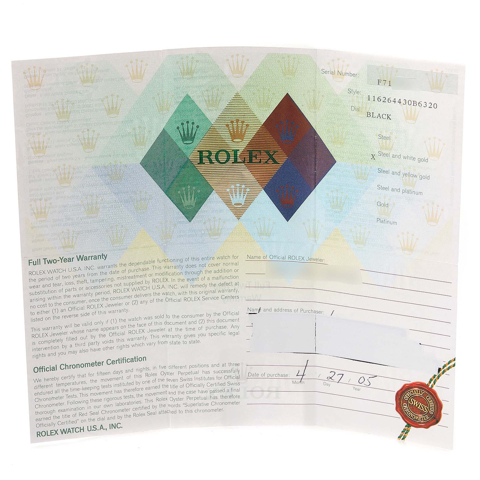 This image shows the warranty certificate for a Rolex Turn-o-Graph 116264 Men
s Stainless Steel Black Dial 116264 Men
s Stainless Steel Black Dial model, including serial number and purchase date.