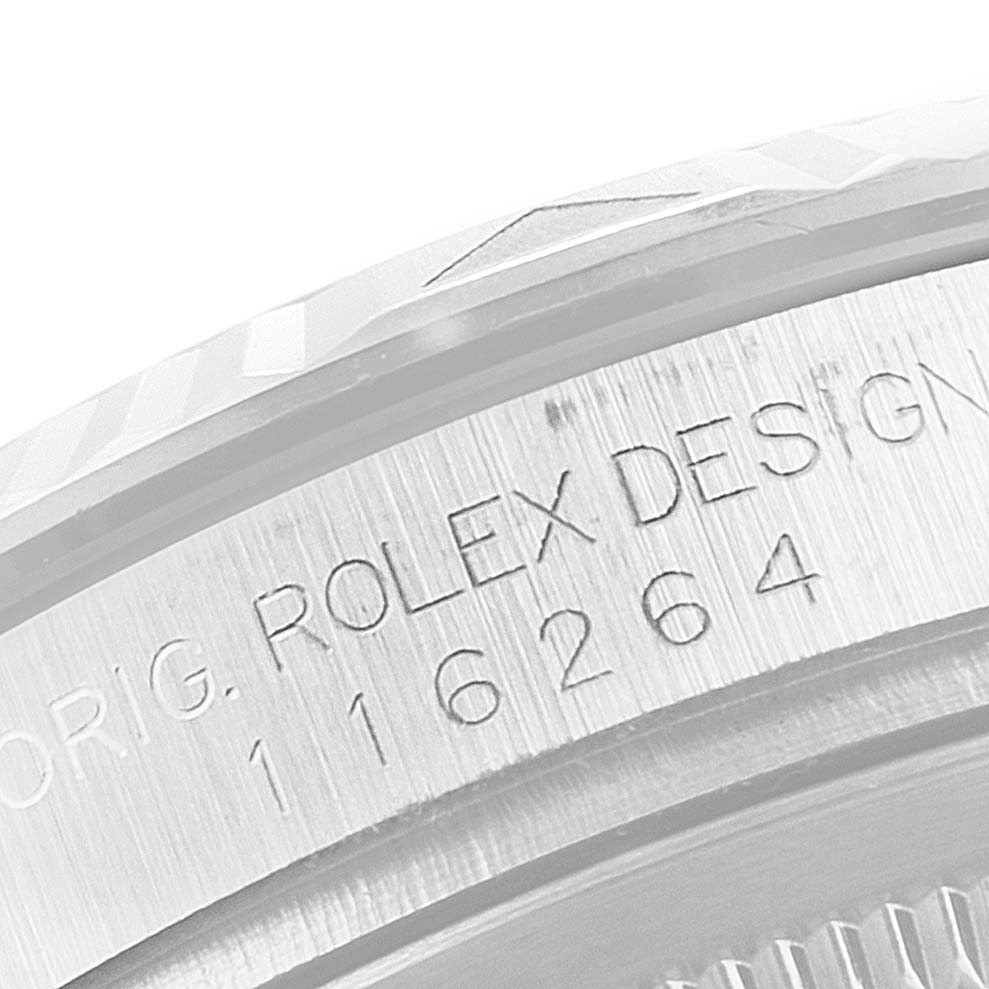 This image shows a close-up of the casing and serial engraving on a Rolex Turn-o-Graph 116264 Men
s Stainless Steel Black Dial 116264 Men
s Stainless Steel Black Dial model.
