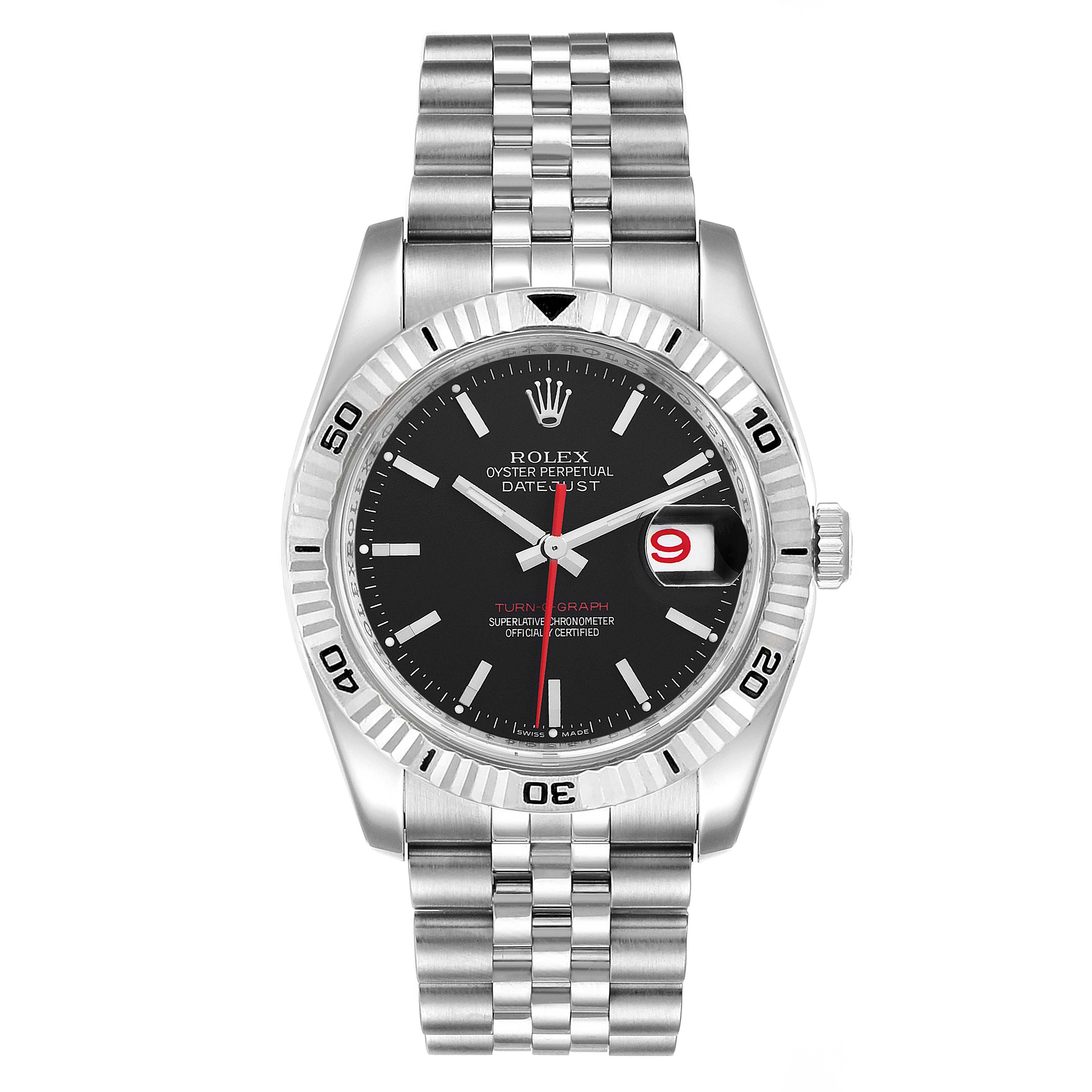The image shows a front view of the Rolex Turn-o-Graph 116264 Men
s Stainless Steel Black Dial 116264 Men
s Stainless Steel Black Dial watch, highlighting its dial, bezel, and bracelet.