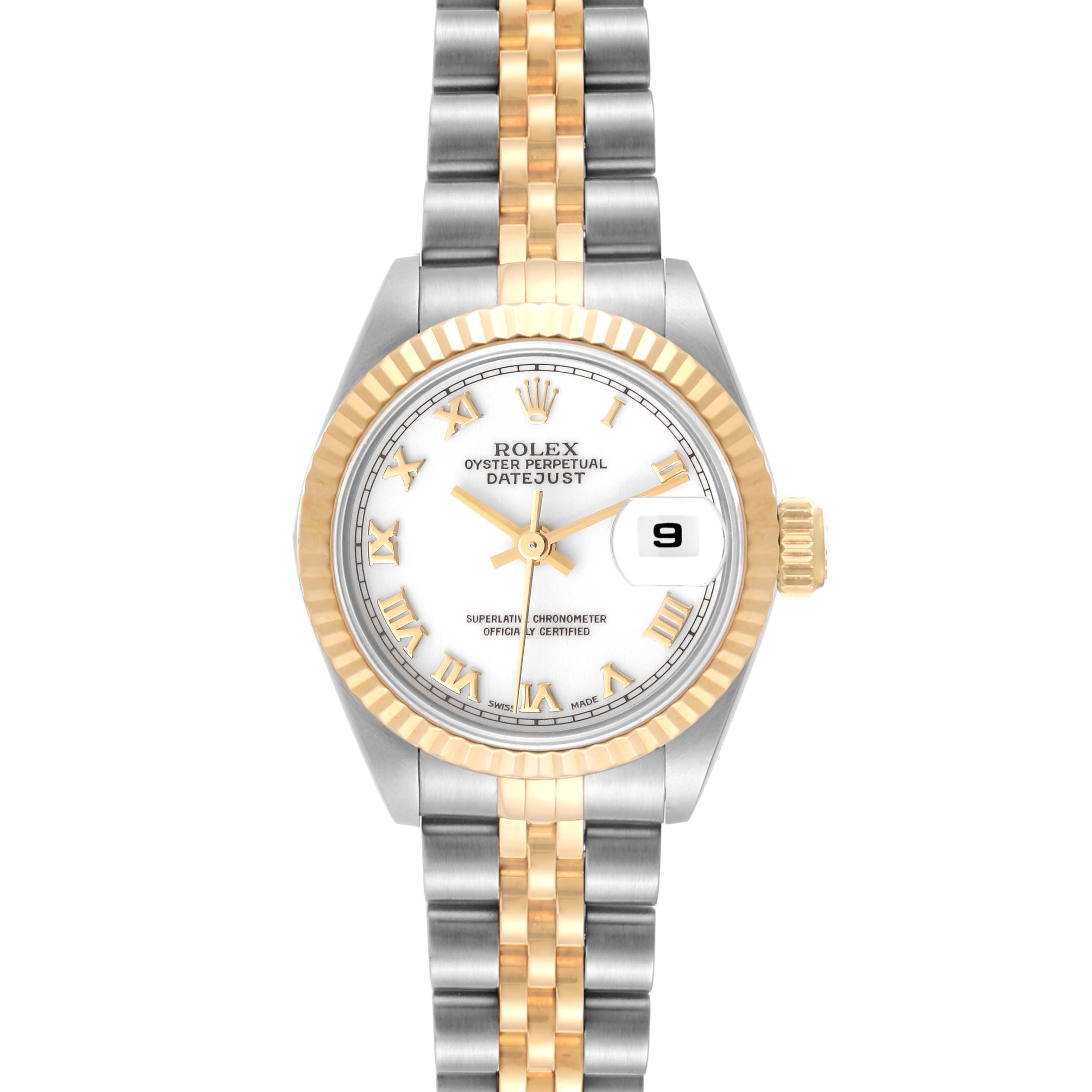 This image shows a Rolex Datejust 69173 Women's Steel and Gold (two tone) White Dial 69173 Women's Steel and Gold (two tone) White Dial watch from the front, highlighting the dial, bezel, and bracelet.