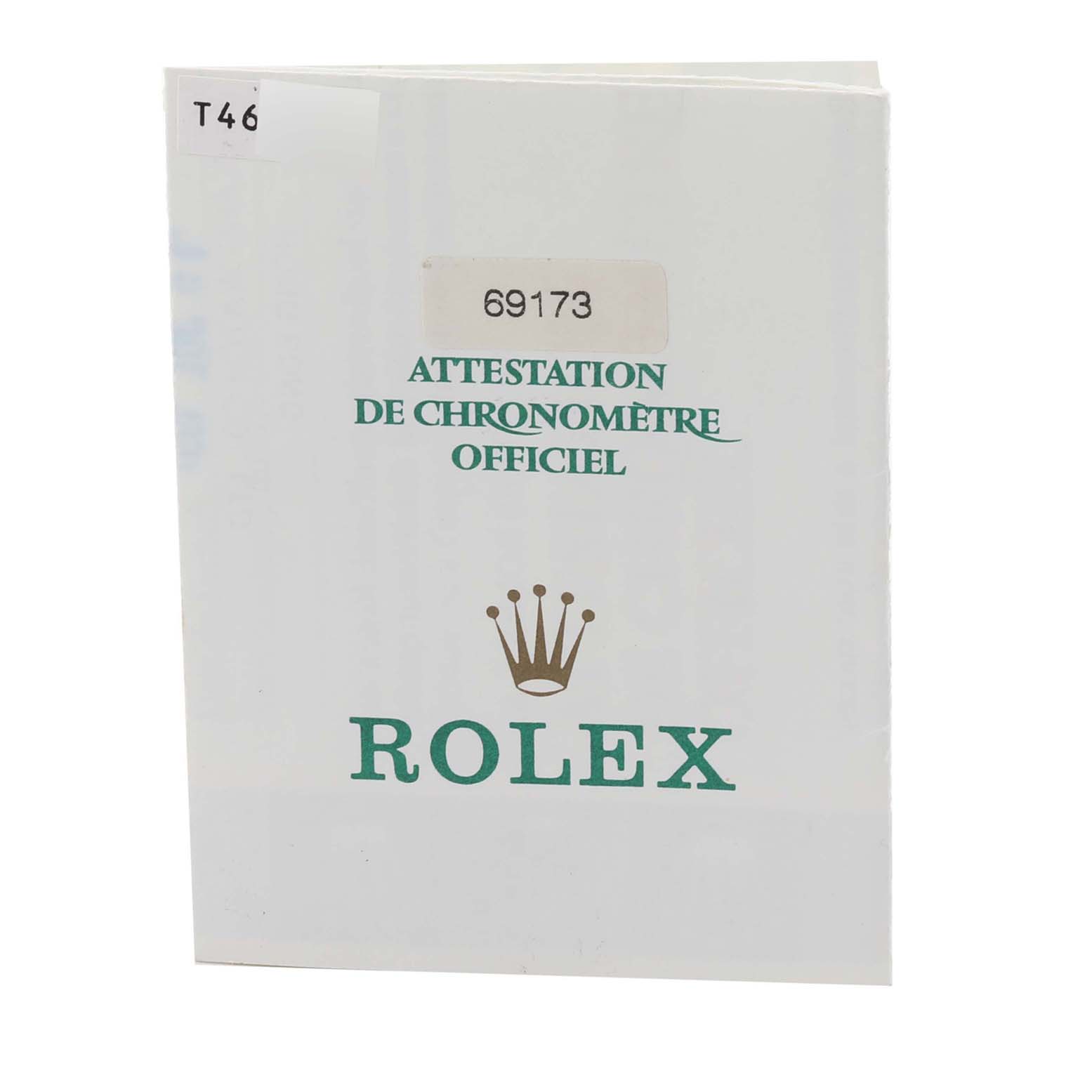 This is the official chronometer certification document for the Rolex Datejust 69173 Women's Steel and Gold (two tone) White Dial 69173 Women's Steel and Gold (two tone) White Dial model.