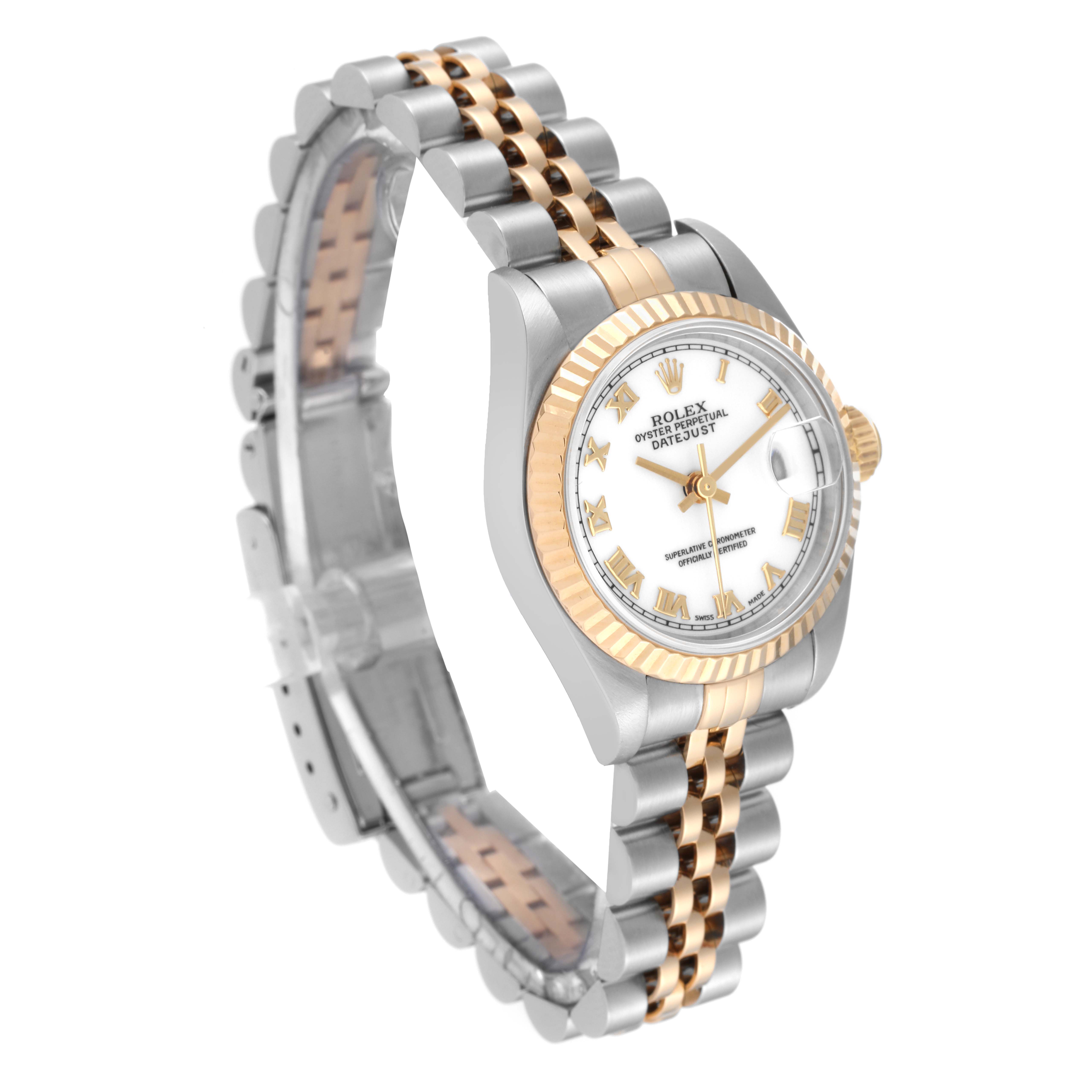 The Rolex Datejust 69173 Women's Steel and Gold (two tone) White Dial 69173 Women's Steel and Gold (two tone) White Dial watch is shown at an oblique angle, highlighting its two-tone bracelet and fluted bezel.