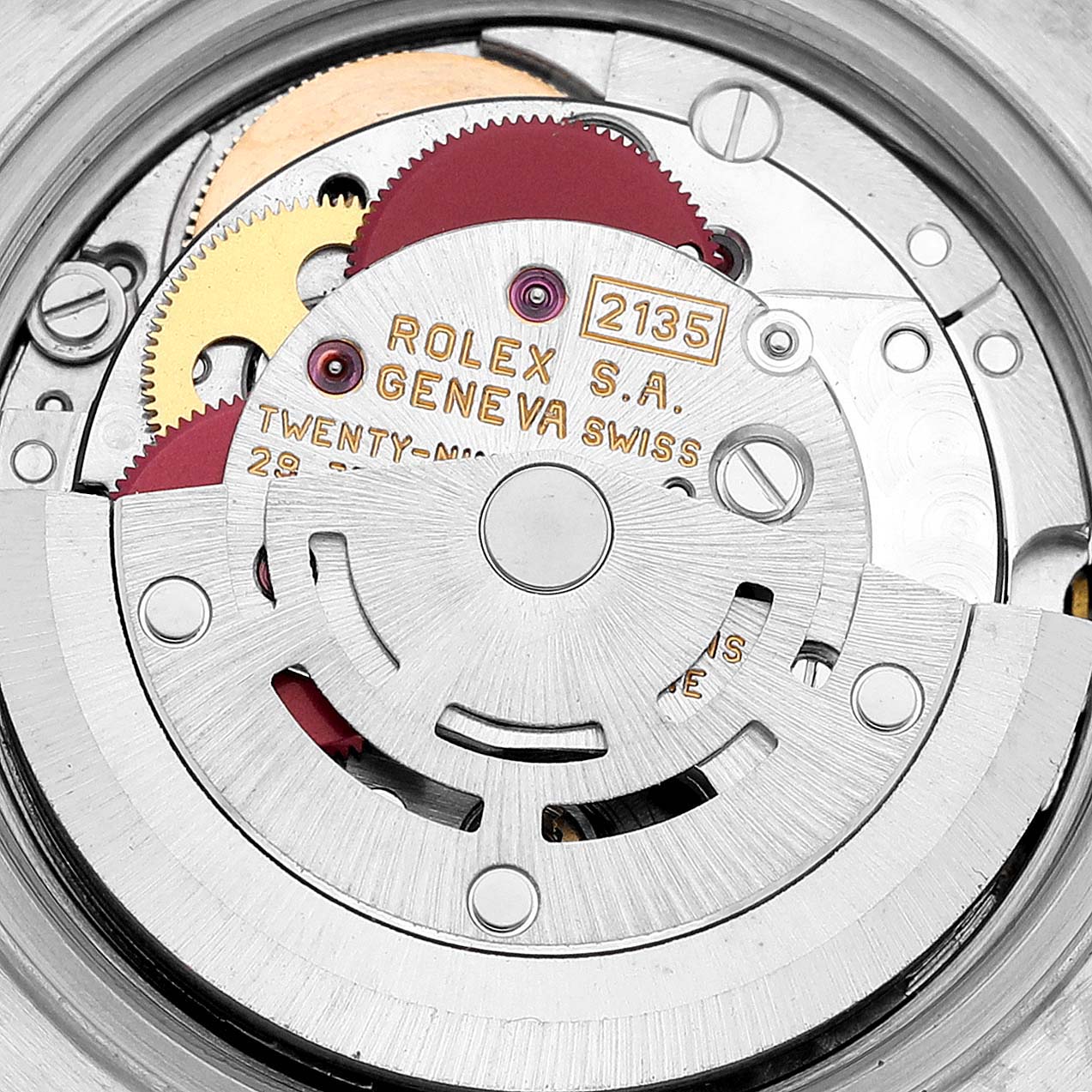 This image shows a close-up view of the Rolex Datejust 69173 Women's Steel and Gold (two tone) White Dial 69173 Women's Steel and Gold (two tone) White Dial watch's movement mechanism.
