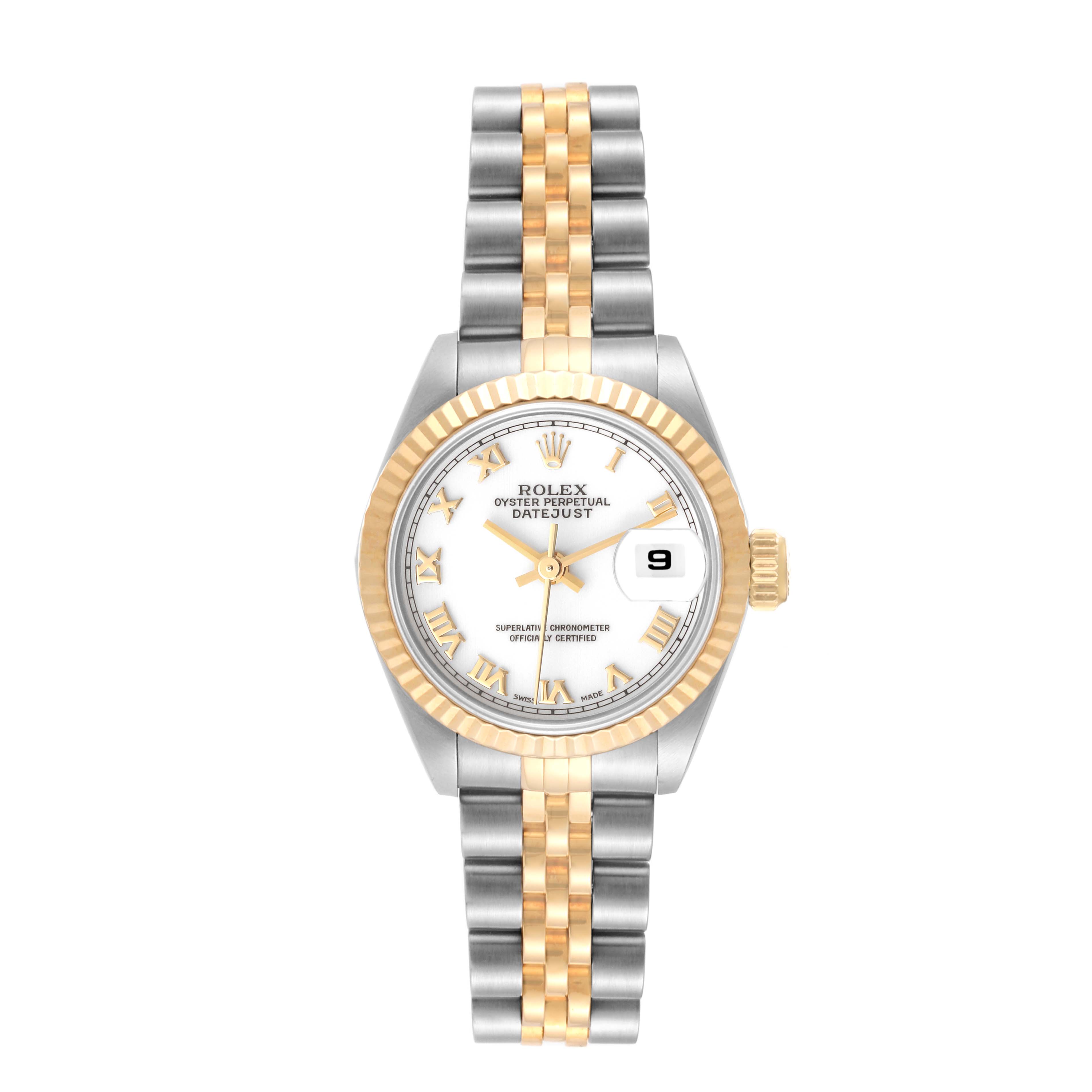 The Rolex Datejust 69173 Women's Steel and Gold (two tone) White Dial 69173 Women's Steel and Gold (two tone) White Dial watch is shown from the front, displaying the dial, bezel, crown, and the two-tone bracelet.