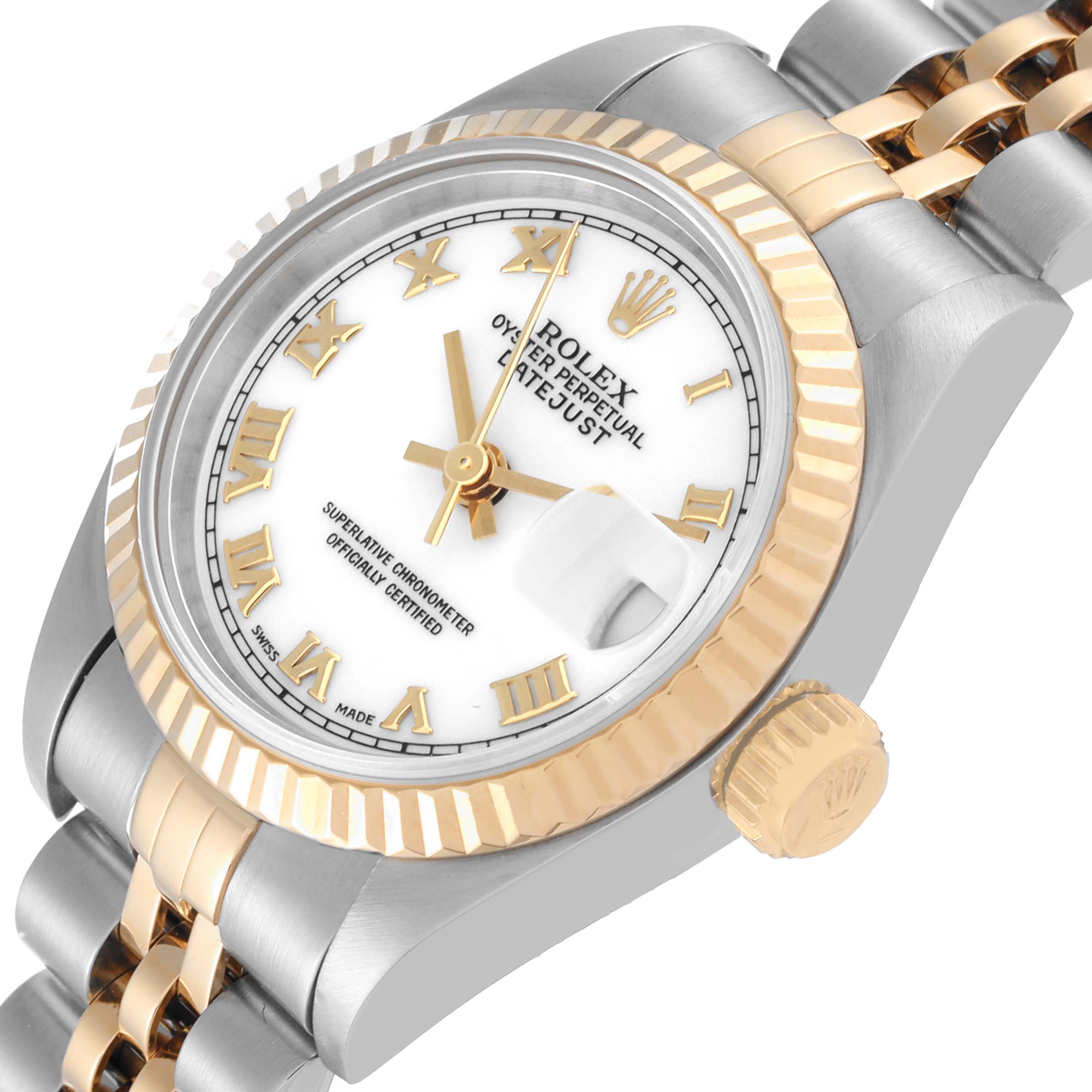 This Rolex Datejust 69173 Women's Steel and Gold (two tone) White Dial 69173 Women's Steel and Gold (two tone) White Dial watch is shown at an angle displaying the face, bezel, crown, and partial bracelet.