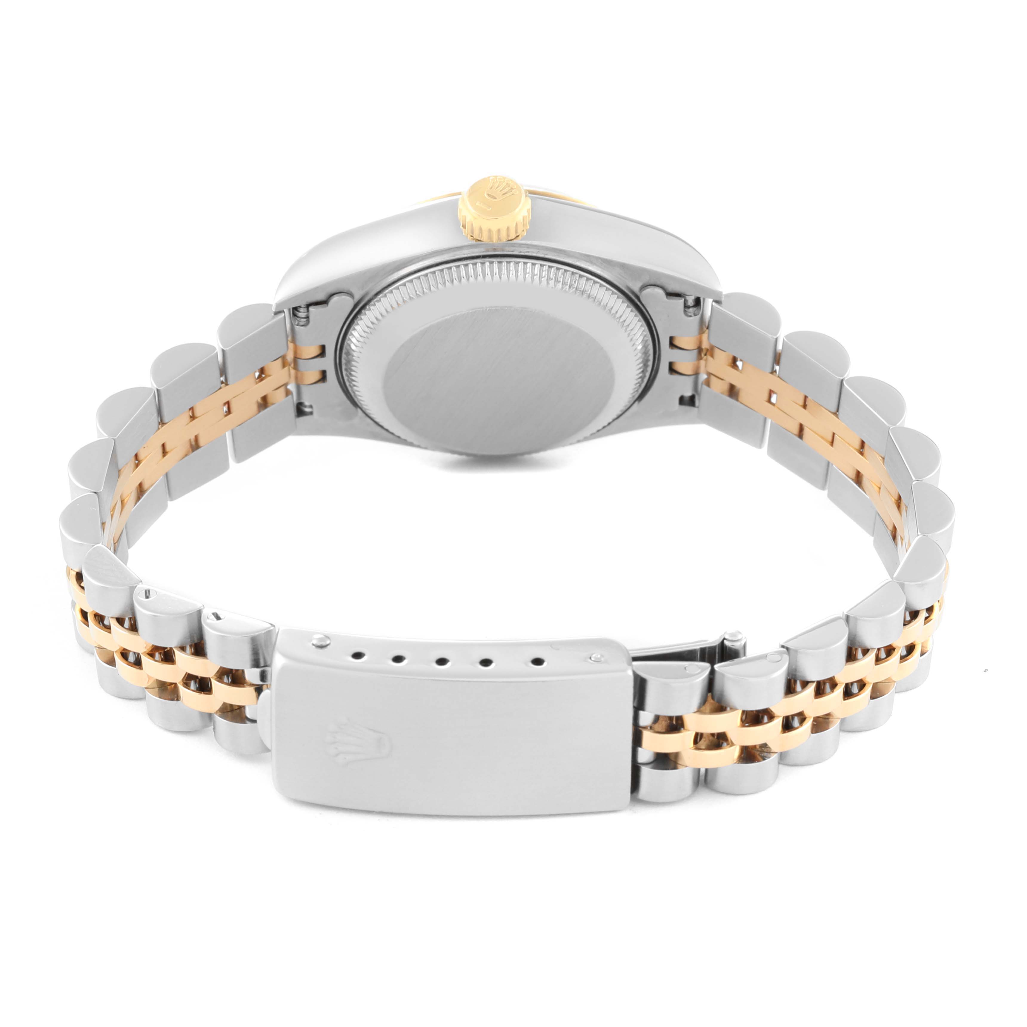 The image shows the back case and bracelet clasp of the Rolex Datejust 69173 Women's Steel and Gold (two tone) White Dial 69173 Women's Steel and Gold (two tone) White Dial watch, viewed from the rear.