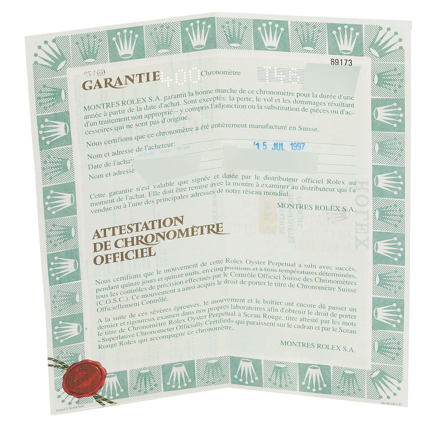 This image shows the certificate of guarantee for a Rolex Datejust 69173 Women's Steel and Gold (two tone) White Dial 69173 Women's Steel and Gold (two tone) White Dial watch.