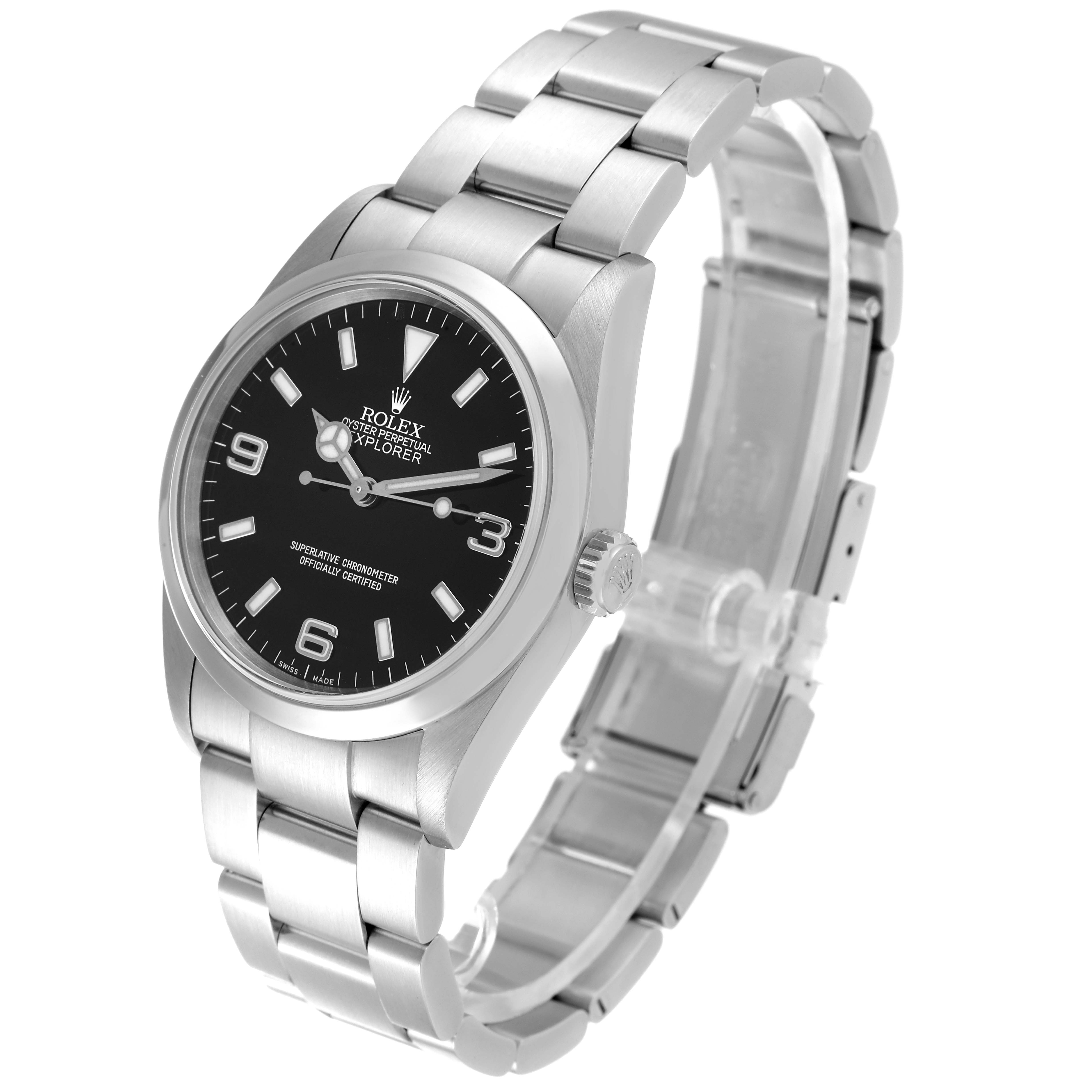 The image shows a Rolex Explorer 114270 Men
s Stainless Steel Black Dial 114270 Men
s Stainless Steel Black Dial watch at a slight angle, highlighting the face, bezel, crown, and bracelet.