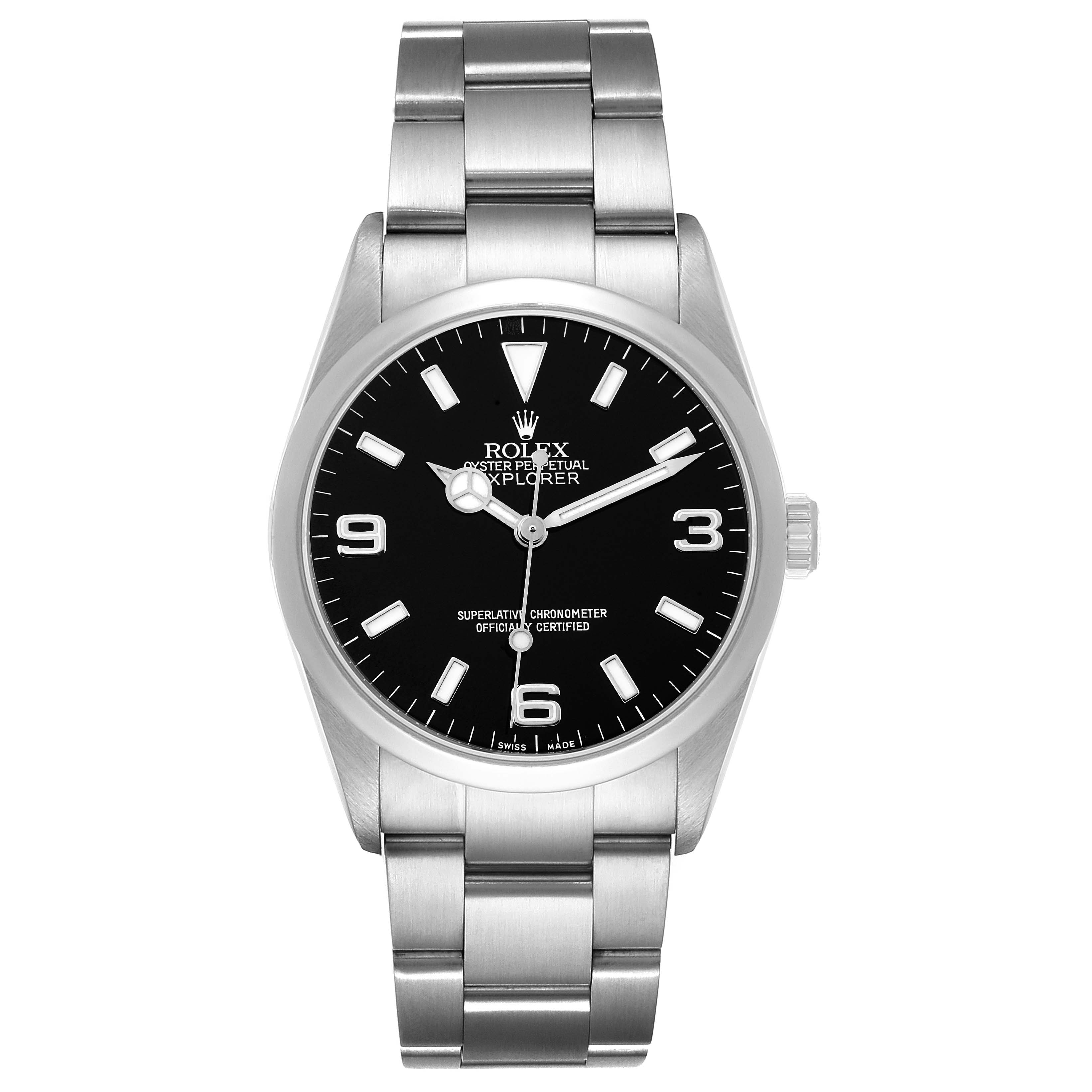 This image shows a front view of a Rolex Explorer 114270 Men
s Stainless Steel Black Dial 114270 Men
s Stainless Steel Black Dial watch, displaying the black dial, stainless steel case, and bracelet.