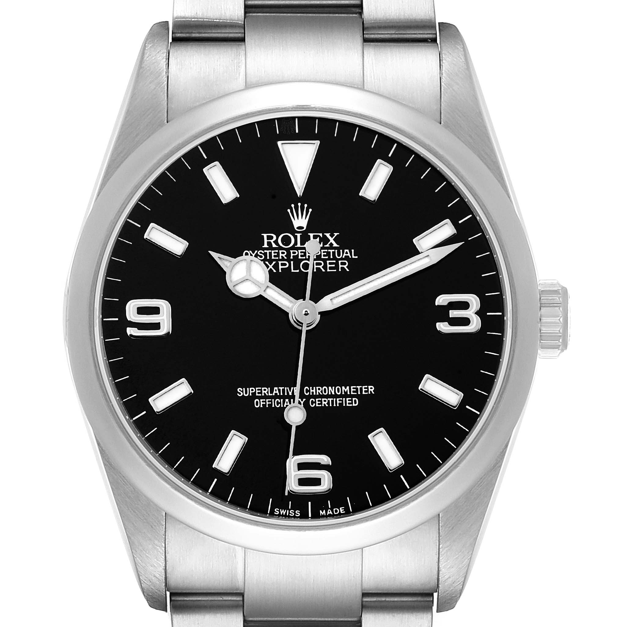 The image shows a front view of the Rolex Explorer 114270 Men
s Stainless Steel Black Dial 114270 Men
s Stainless Steel Black Dial watch, highlighting the dial, hands, crown, and part of the bracelet.