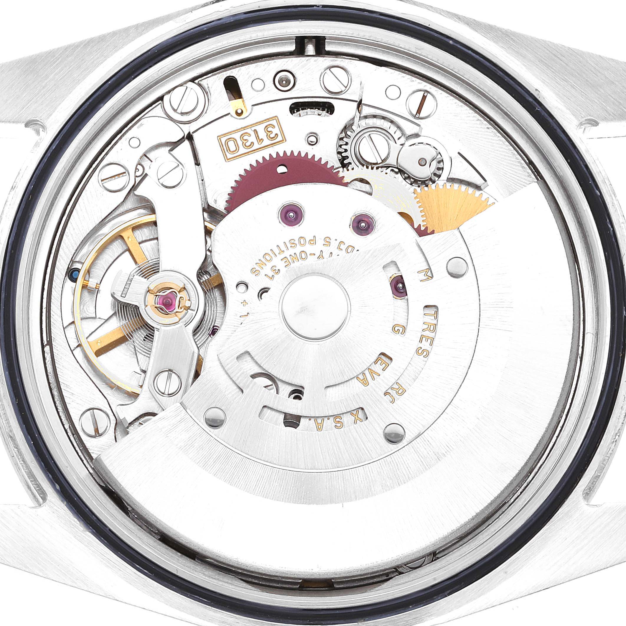 The image shows the internal mechanism of a Rolex Explorer 114270 Men
s Stainless Steel Black Dial 114270 Men
s Stainless Steel Black Dial watch from a top-down view, highlighting gears and components.