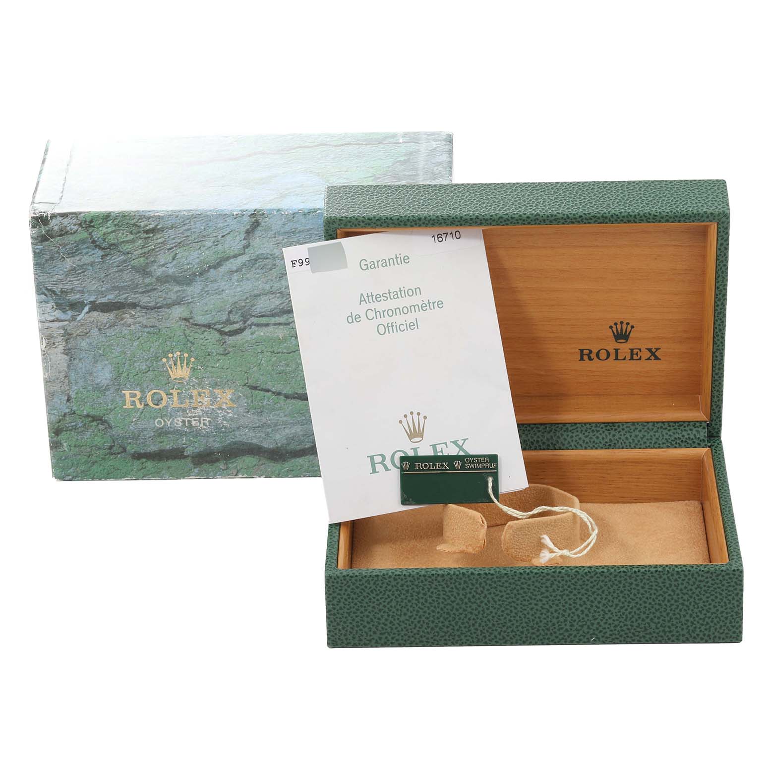 The image shows the box and warranty card for the Rolex GMT-Master 16710 Men's Stainless Steel Black Dial 16710 Men's Stainless Steel Black Dial watch.