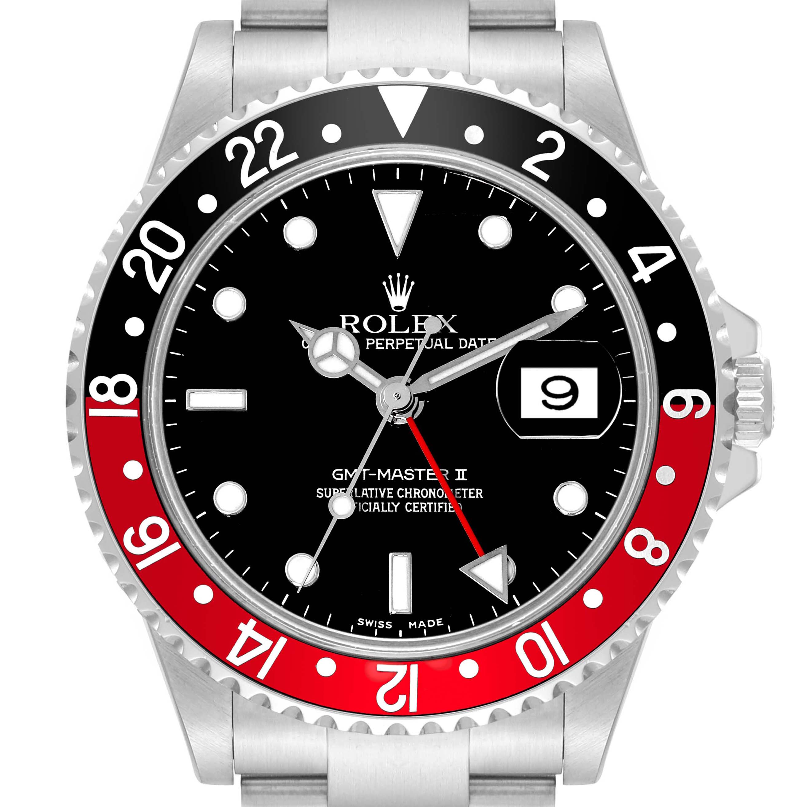 This image shows a top view of the Rolex GMT-Master 16710 Men's Stainless Steel Black Dial 16710 Men's Stainless Steel Black Dial II watch, featuring its black and red bezel, black dial, and date display.