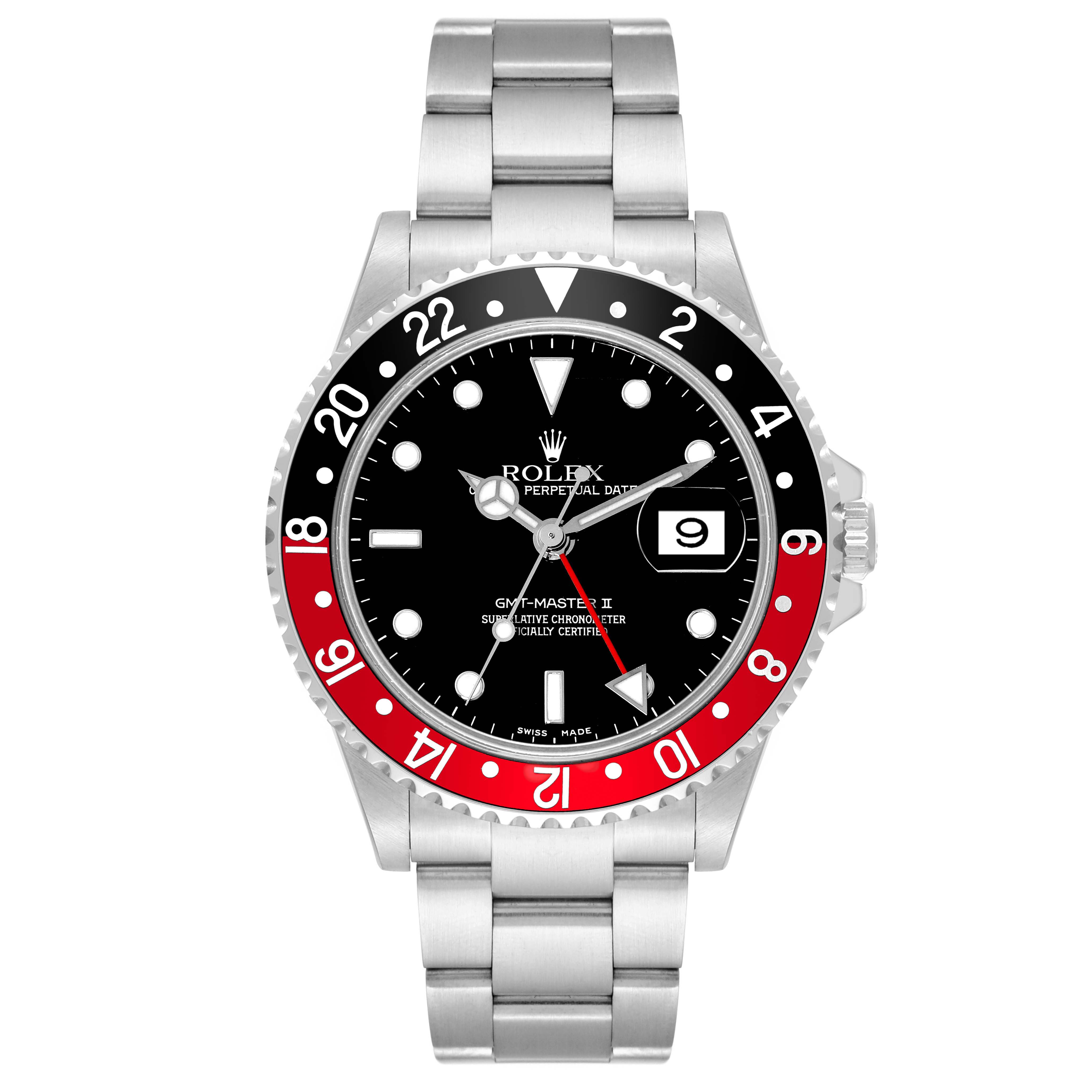 The image shows a front view of the Rolex GMT-Master 16710 Men's Stainless Steel Black Dial 16710 Men's Stainless Steel Black Dial II watch, highlighting its bezel, dial, hands, and bracelet.