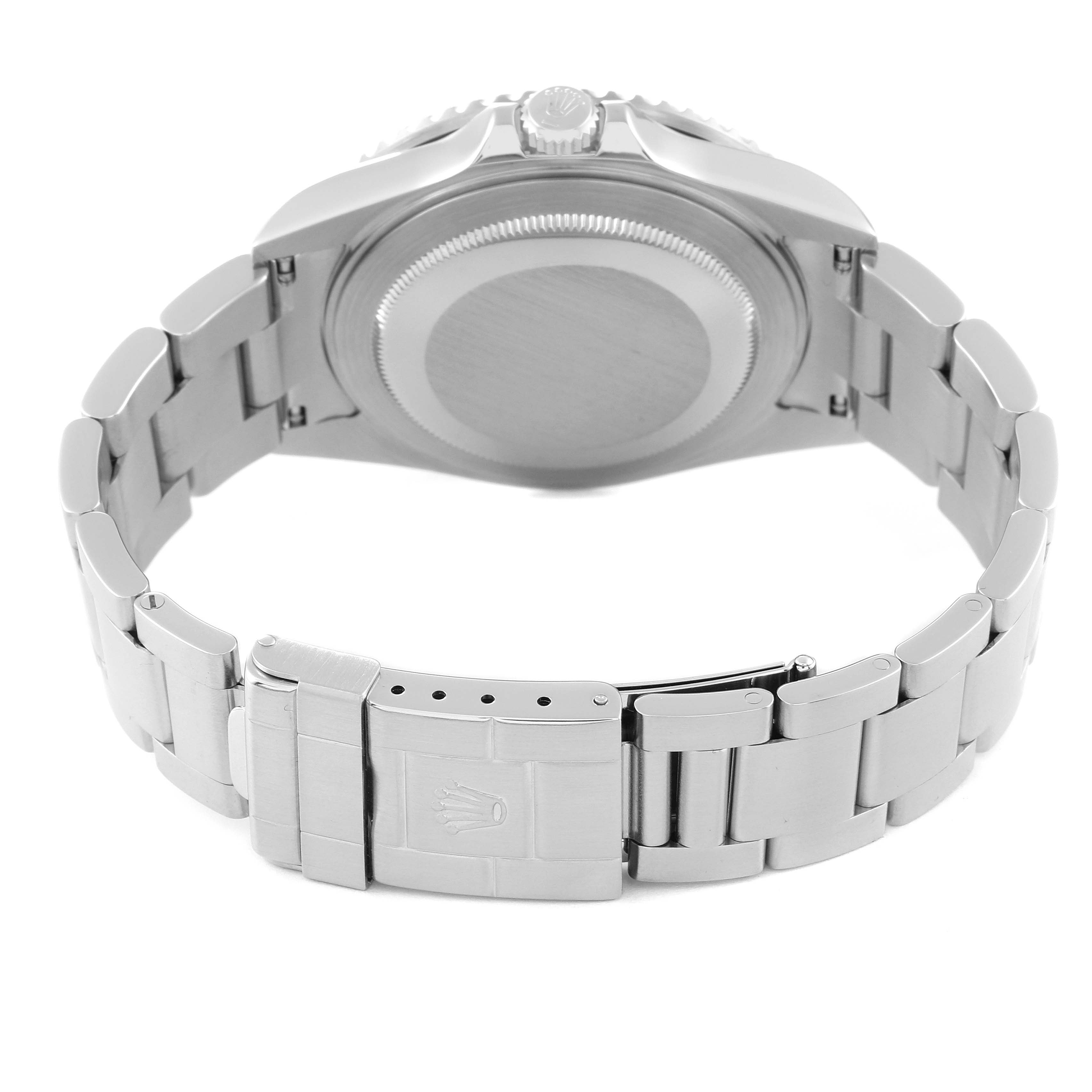 This image shows the back view of a Rolex GMT-Master 16710 Men's Stainless Steel Black Dial 16710 Men's Stainless Steel Black Dial watch, highlighting its clasp, bracelet, and case back.