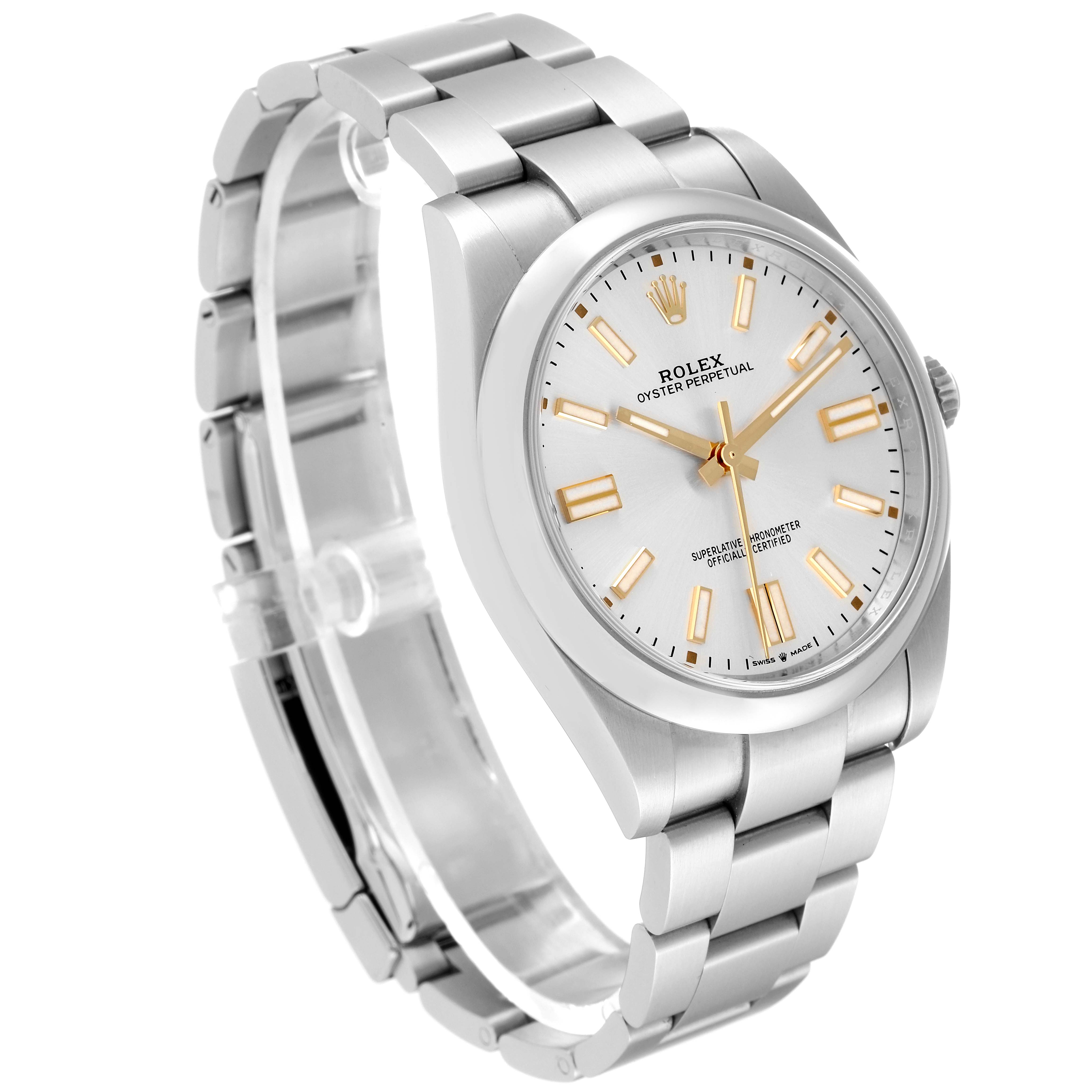 The image shows an angled view of the front and bracelet of a Rolex Oyster Perpetual 124300 Men's Stainless Steel Silver Dial 124300 Men's Stainless Steel Silver Dial watch.