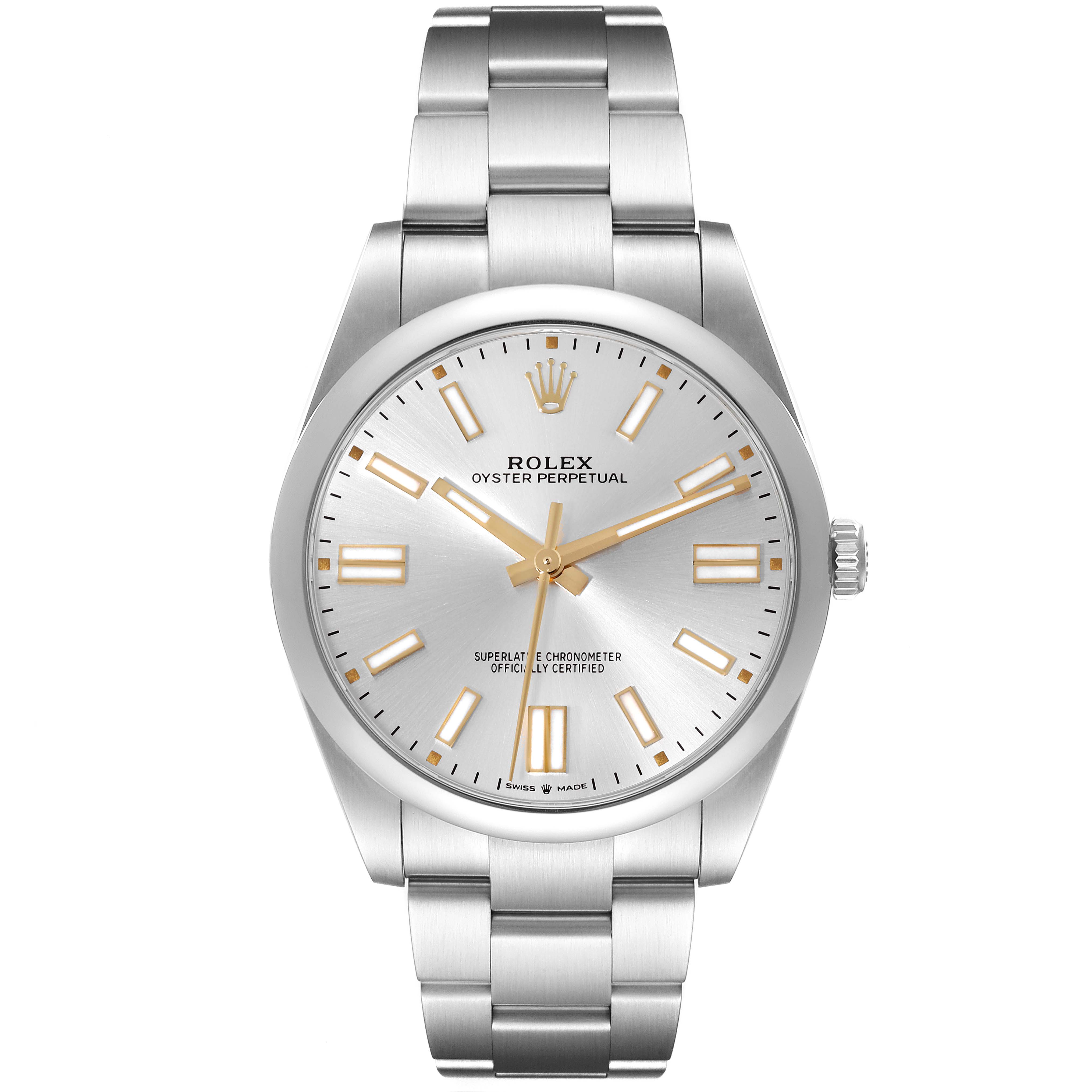 The image shows a front view of the Rolex Oyster Perpetual 124300 Men's Stainless Steel Silver Dial 124300 Men's Stainless Steel Silver Dial watch, highlighting its dial, markers, hands, bracelet, and crown.