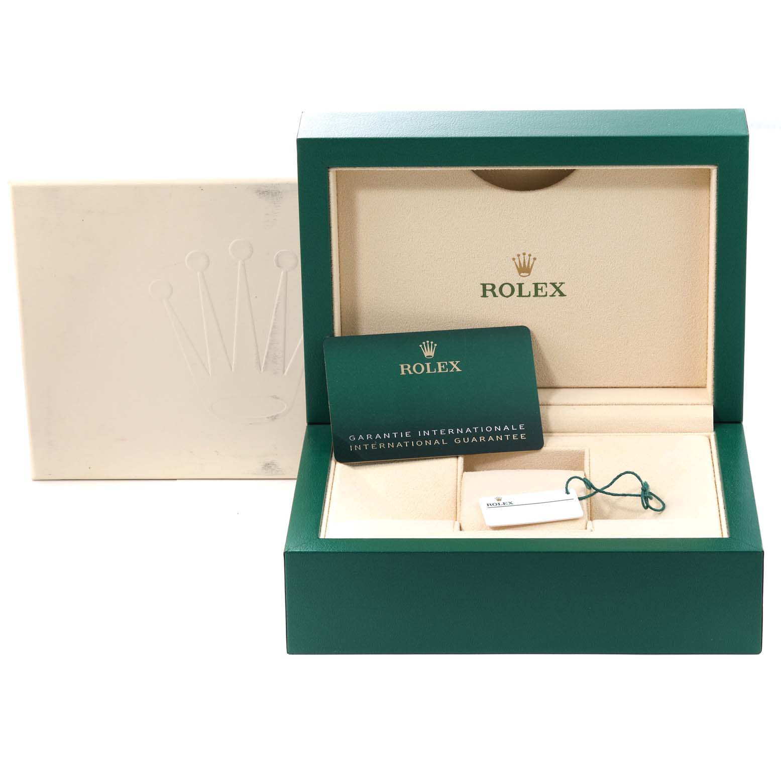 This image shows the packaging, warranty card, and tags for a Rolex Oyster Perpetual 124300 Men's Stainless Steel Silver Dial 124300 Men's Stainless Steel Silver Dial watch.