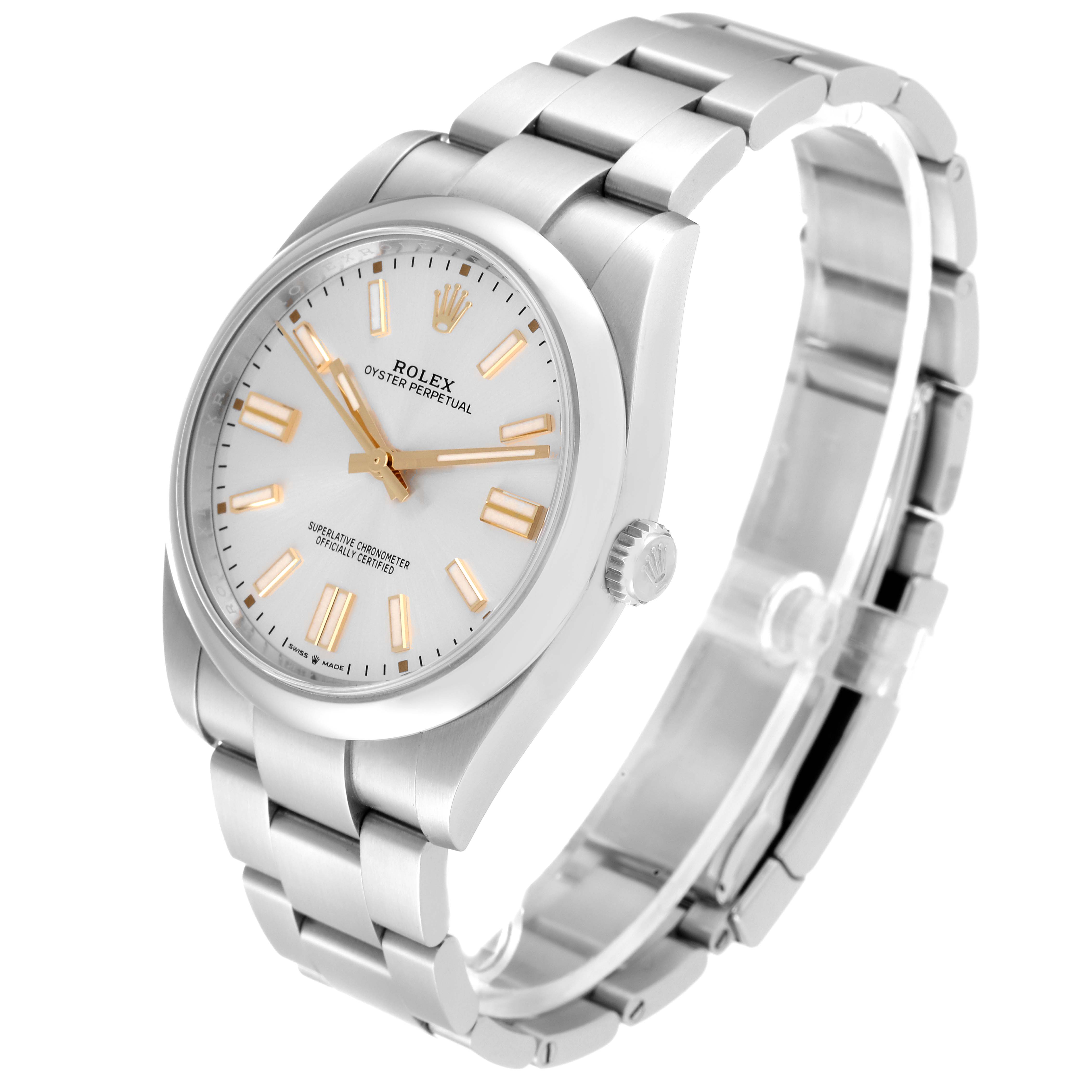 This image shows a Rolex Oyster Perpetual 124300 Men's Stainless Steel Silver Dial 124300 Men's Stainless Steel Silver Dial watch at a three-quarter angle, displaying the face, bezel, crown, and part of the bracelet.