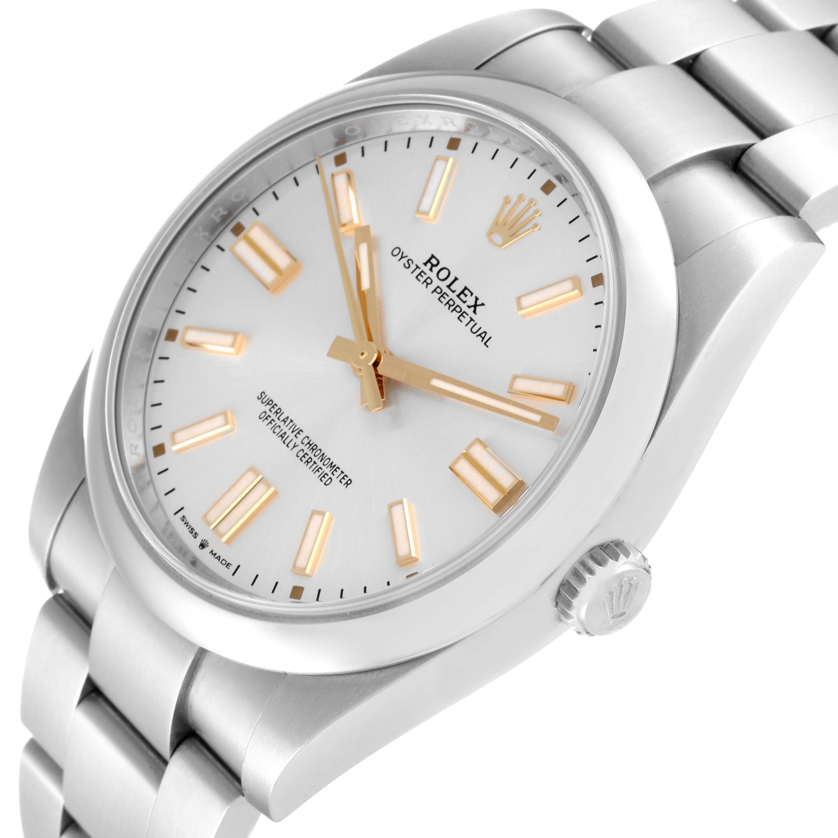 The watch shown is a Rolex Oyster Perpetual 124300 Men's Stainless Steel Silver Dial 124300 Men's Stainless Steel Silver Dial model, displayed at an angled close-up featuring the dial, crown, and part of the bracelet.