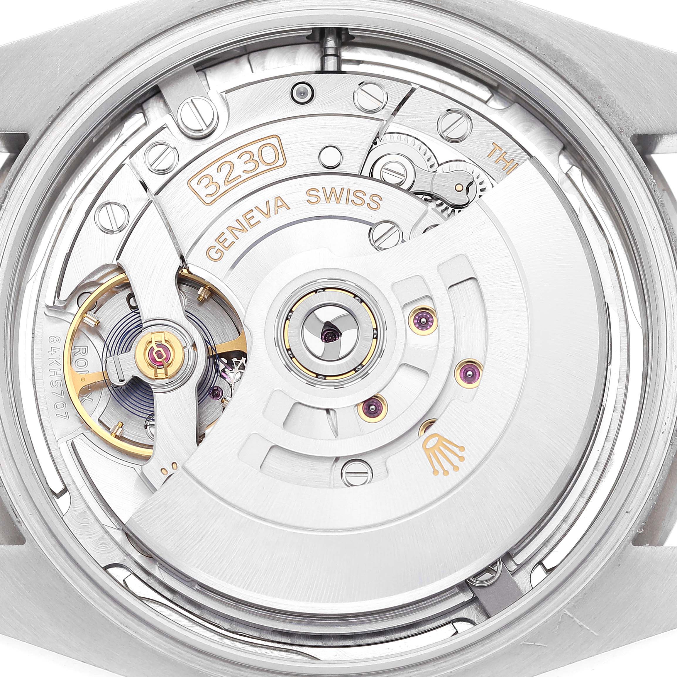 This image shows the back view of the movement mechanism of the Rolex Oyster Perpetual 124300 Men's Stainless Steel Silver Dial 124300 Men's Stainless Steel Silver Dial watch, showcasing its intricate components.