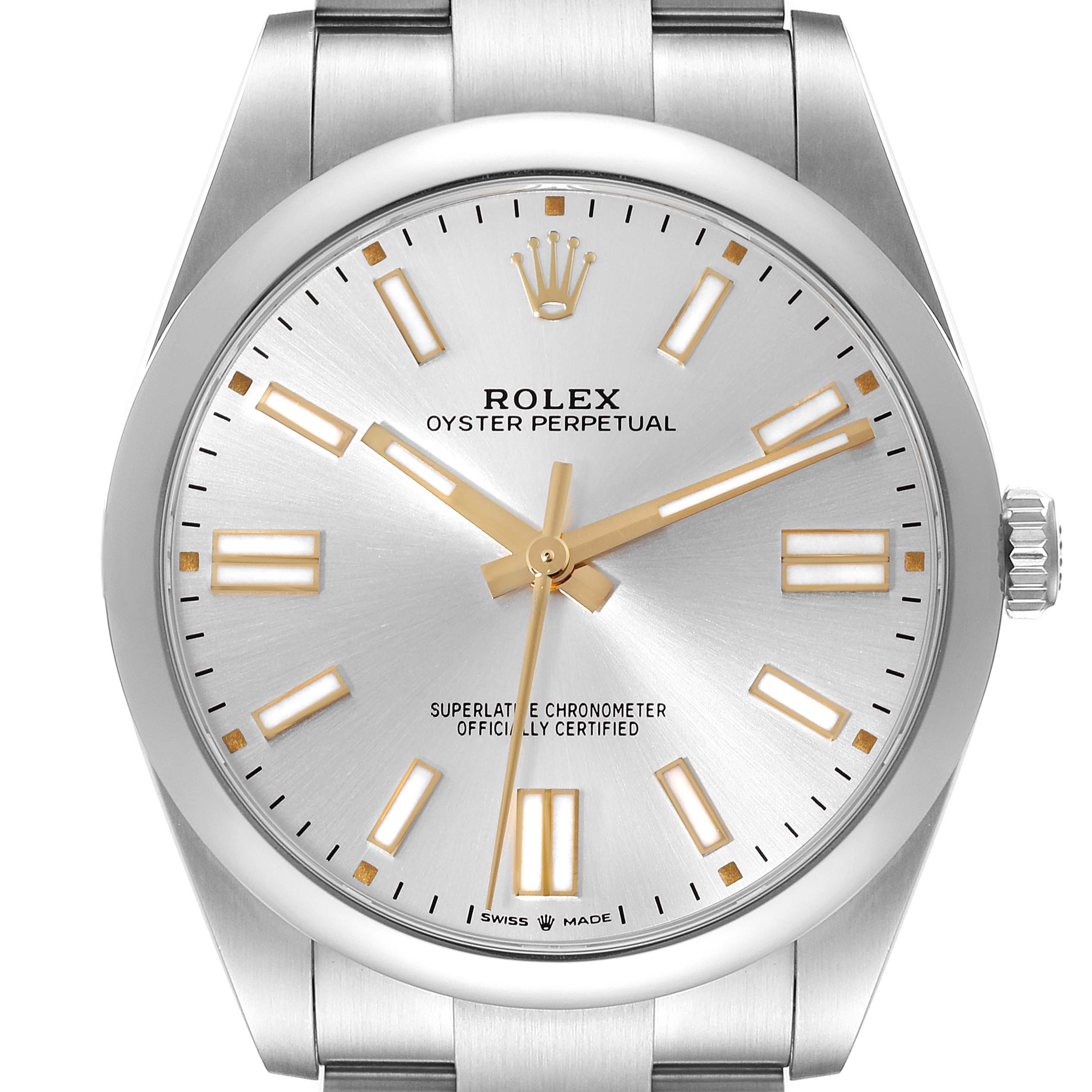 The image shows a frontal view of a Rolex Oyster Perpetual 124300 Men's Stainless Steel Silver Dial 124300 Men's Stainless Steel Silver Dial watch, highlighting the dial, markers, hands, and crown.